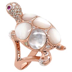 White Pearl Fancy Diamond Ruby & White Diamond 18K Rose Gold Turtle Ring