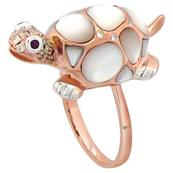White Pearl  Fancy Diamond Ruby & White Diamond 18K Rose Gold Turtle Ring