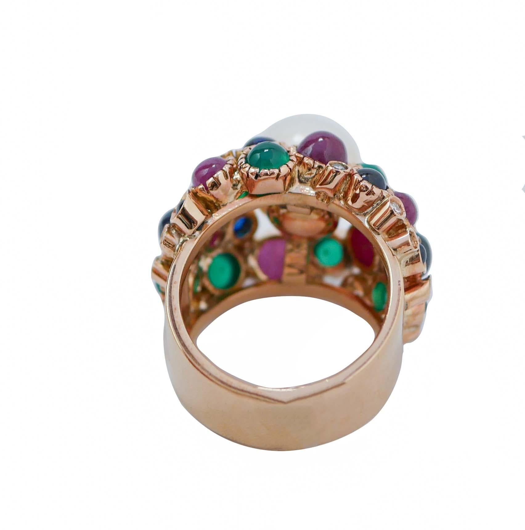 Retro White Pearl, Green Agate, Rubies, Diamonds, 14 Karat Rose Gold Ring. For Sale
