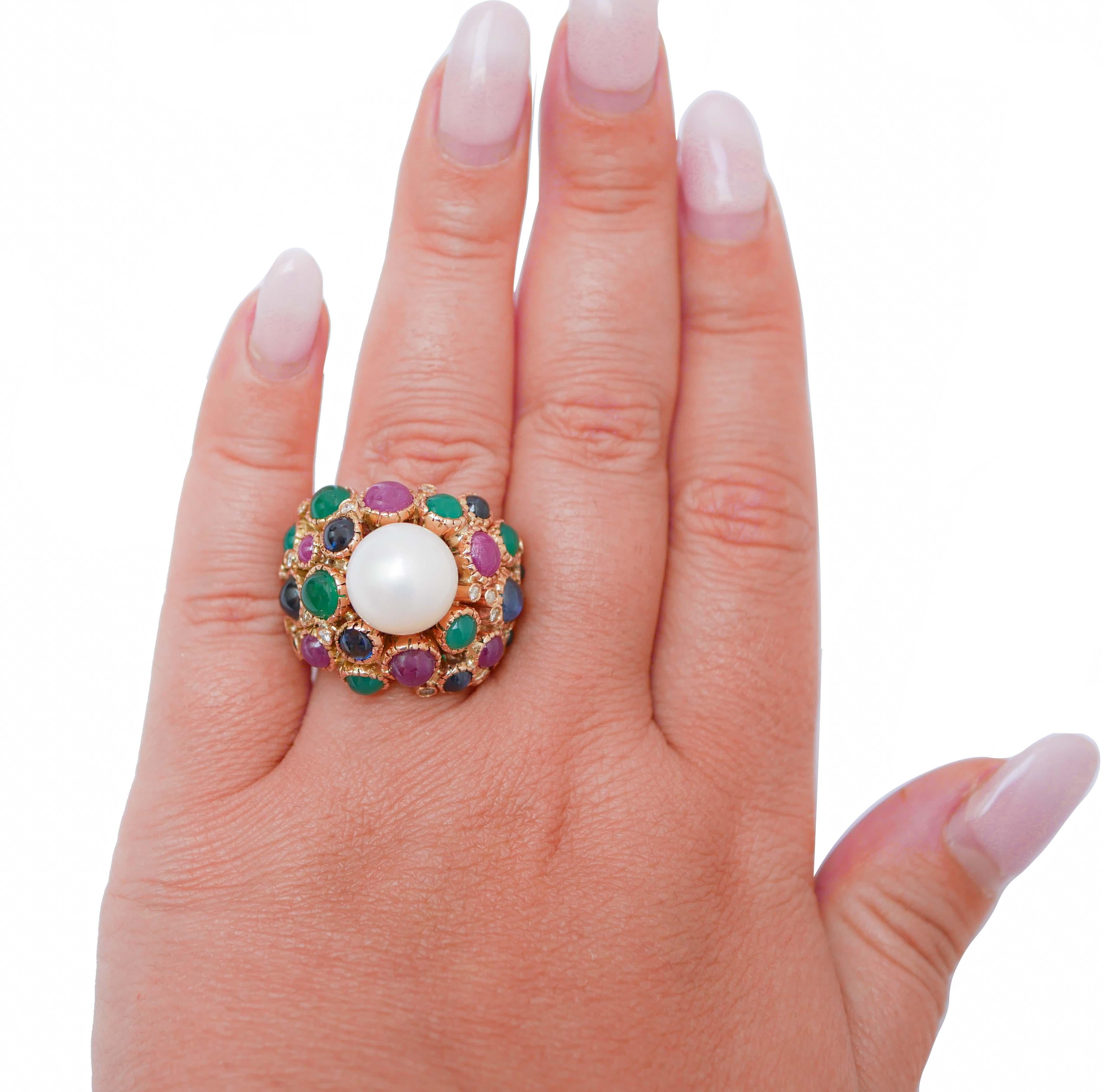 Mixed Cut White Pearl, Green Agate, Rubies, Diamonds, 14 Karat Rose Gold Ring. For Sale