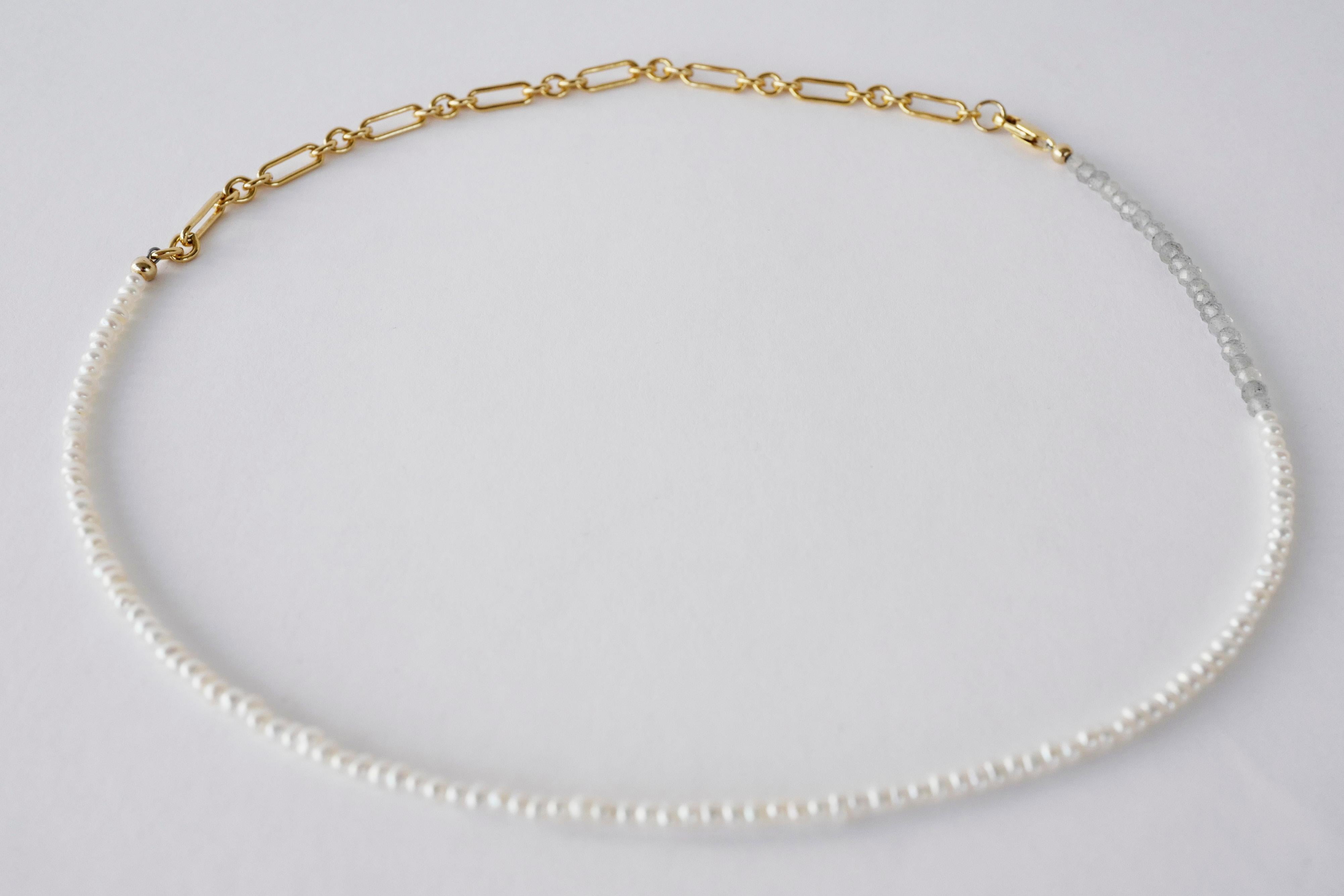Weiße Perle Grauer Labradorit Goldgefüllte Kette Perlenhalsband J DAUPHIN


