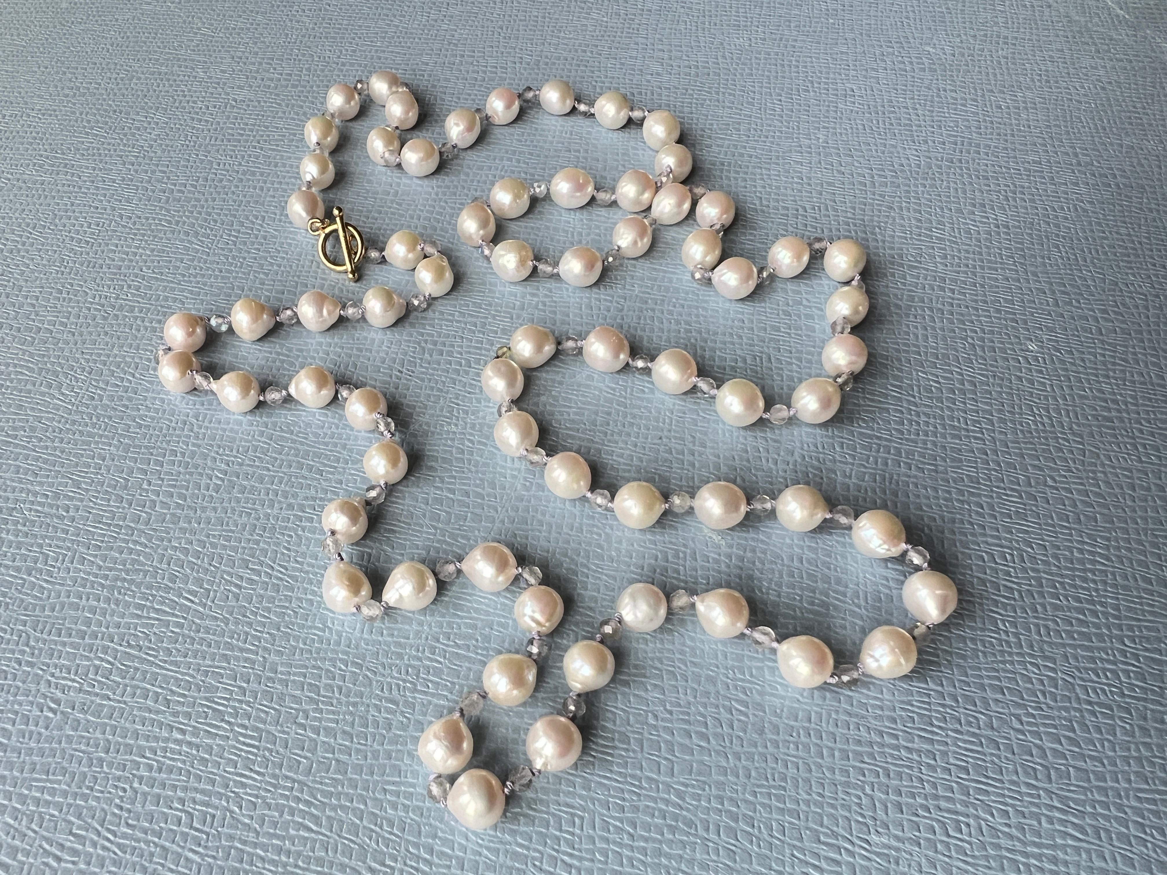 White Pearl Grey Labradorite Long Bead Necklace Made in Los Angeles For Sale 5