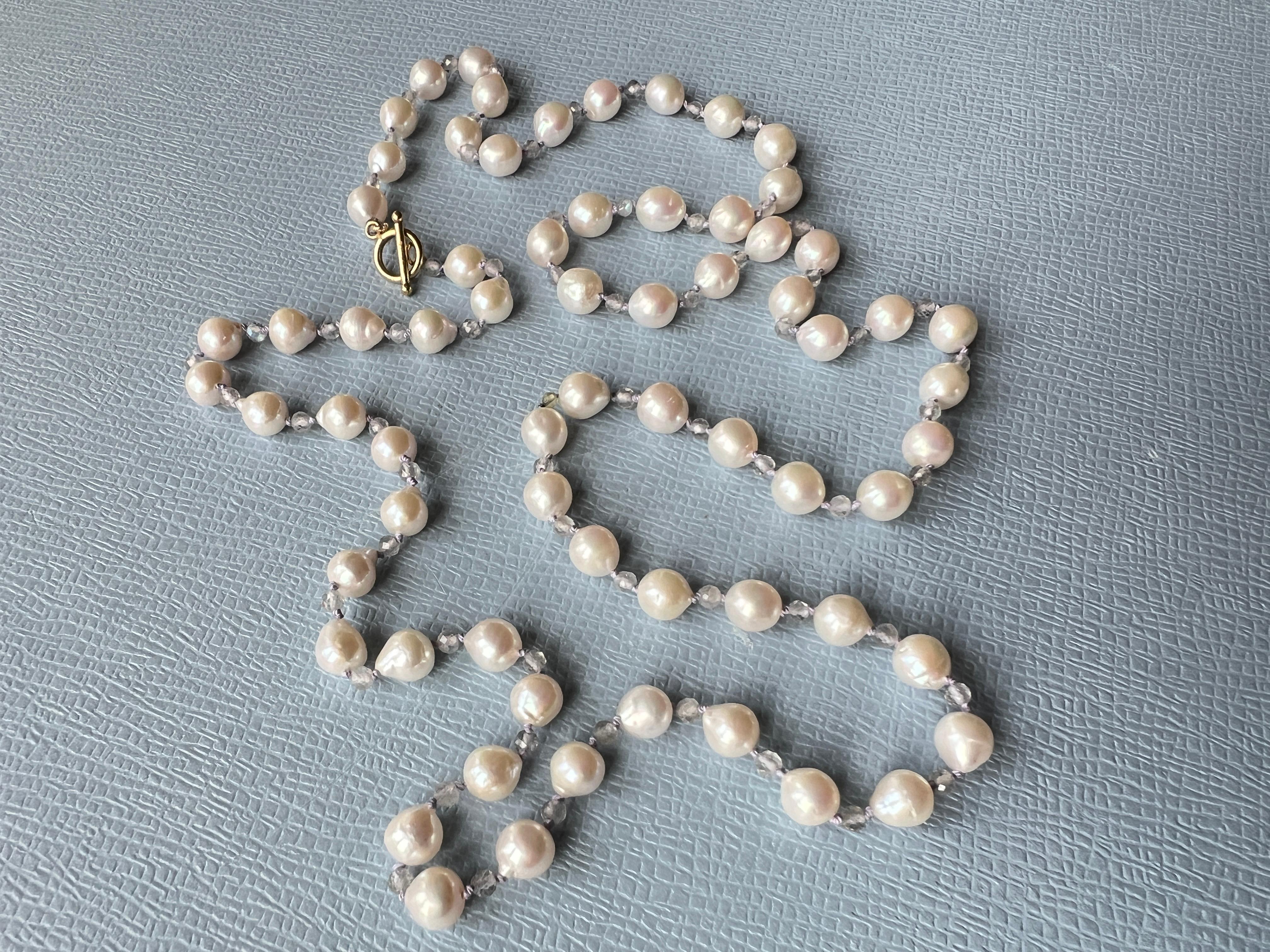 White Pearl Grey Labradorite Long Bead Necklace Made in Los Angeles For Sale 6