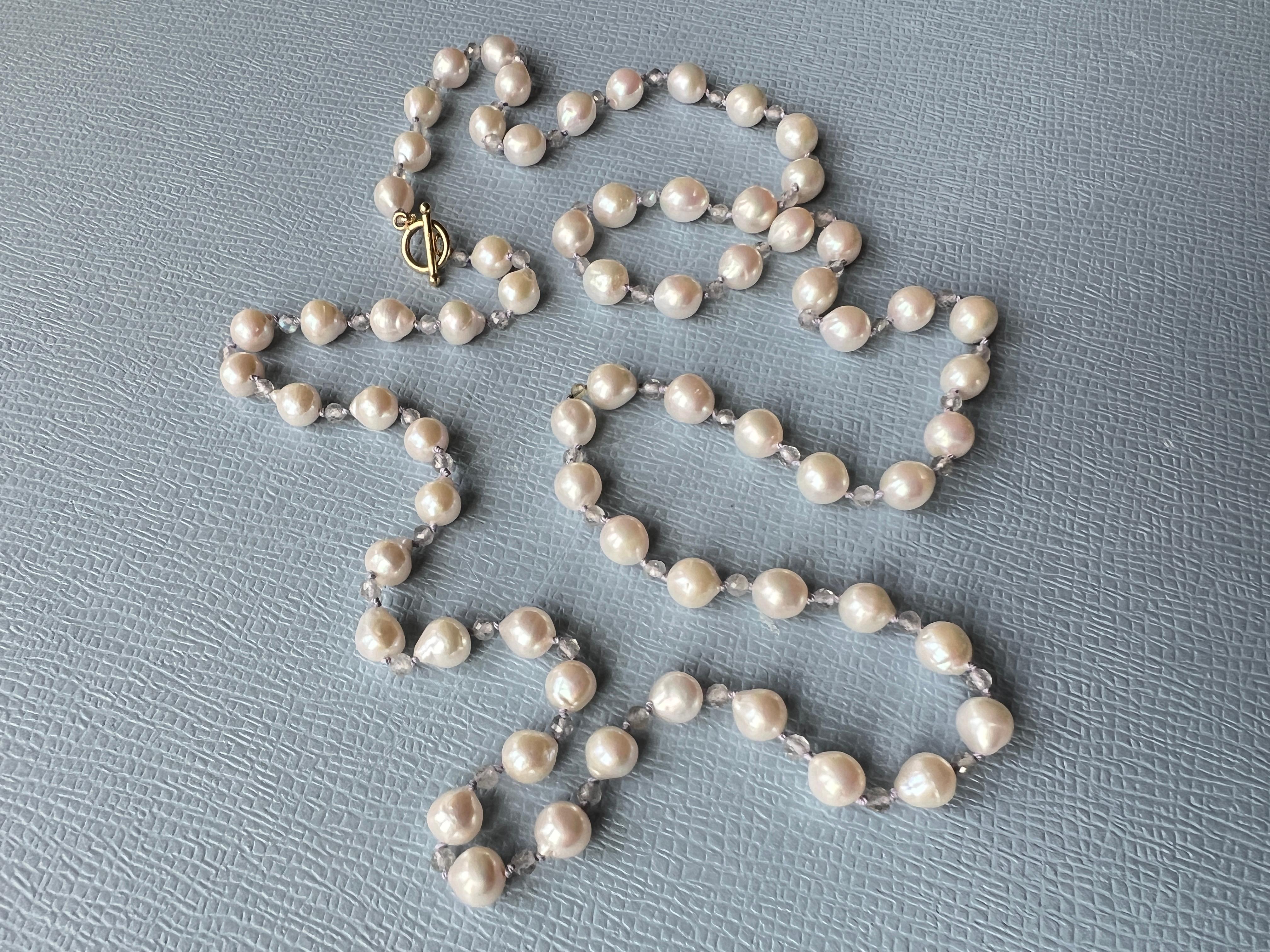 White Pearl Grey Labradorite Long Bead Necklace Made in Los Angeles For Sale 7