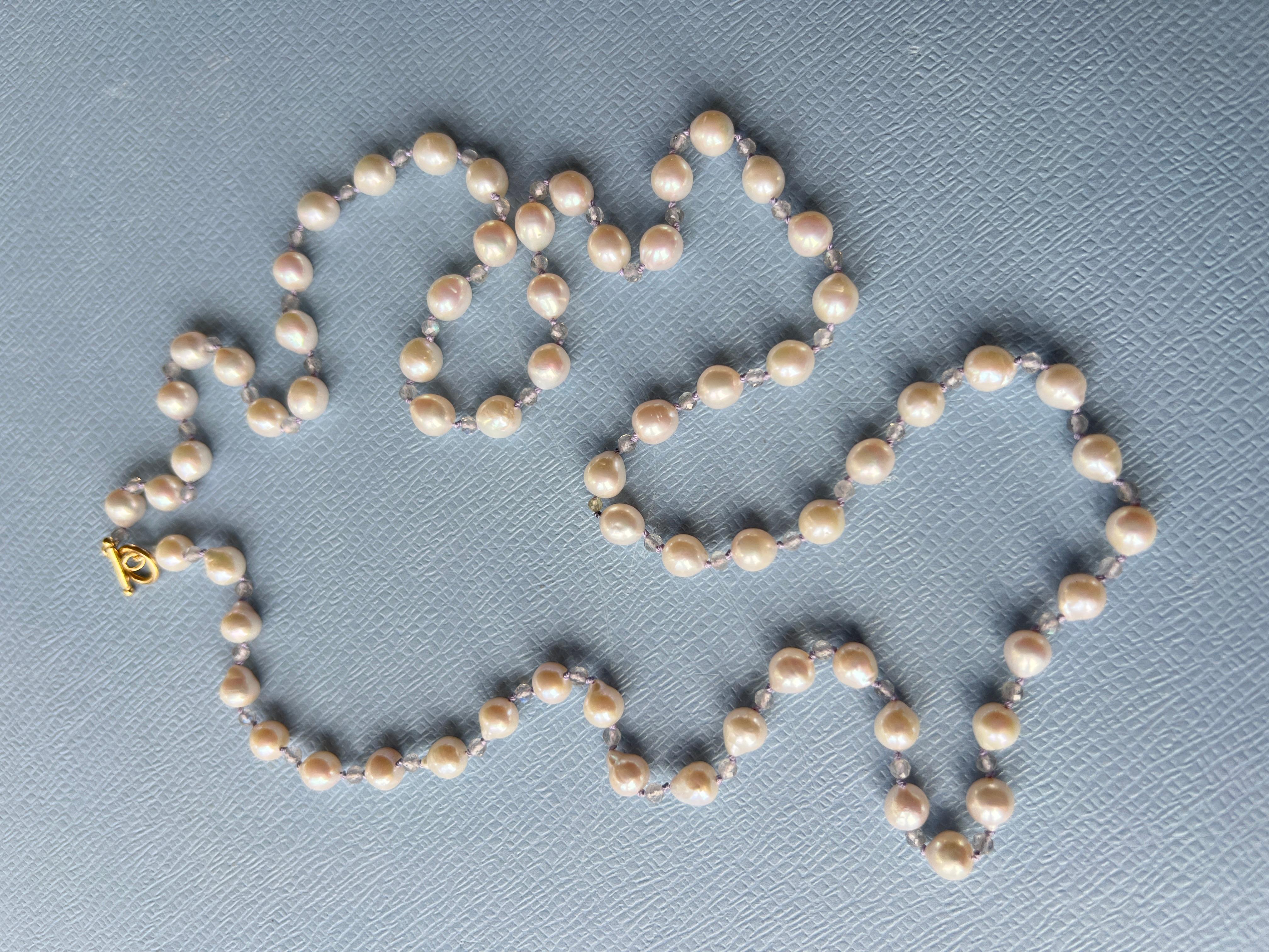 Art Deco White Pearl Grey Labradorite Long Bead Necklace Made in Los Angeles For Sale