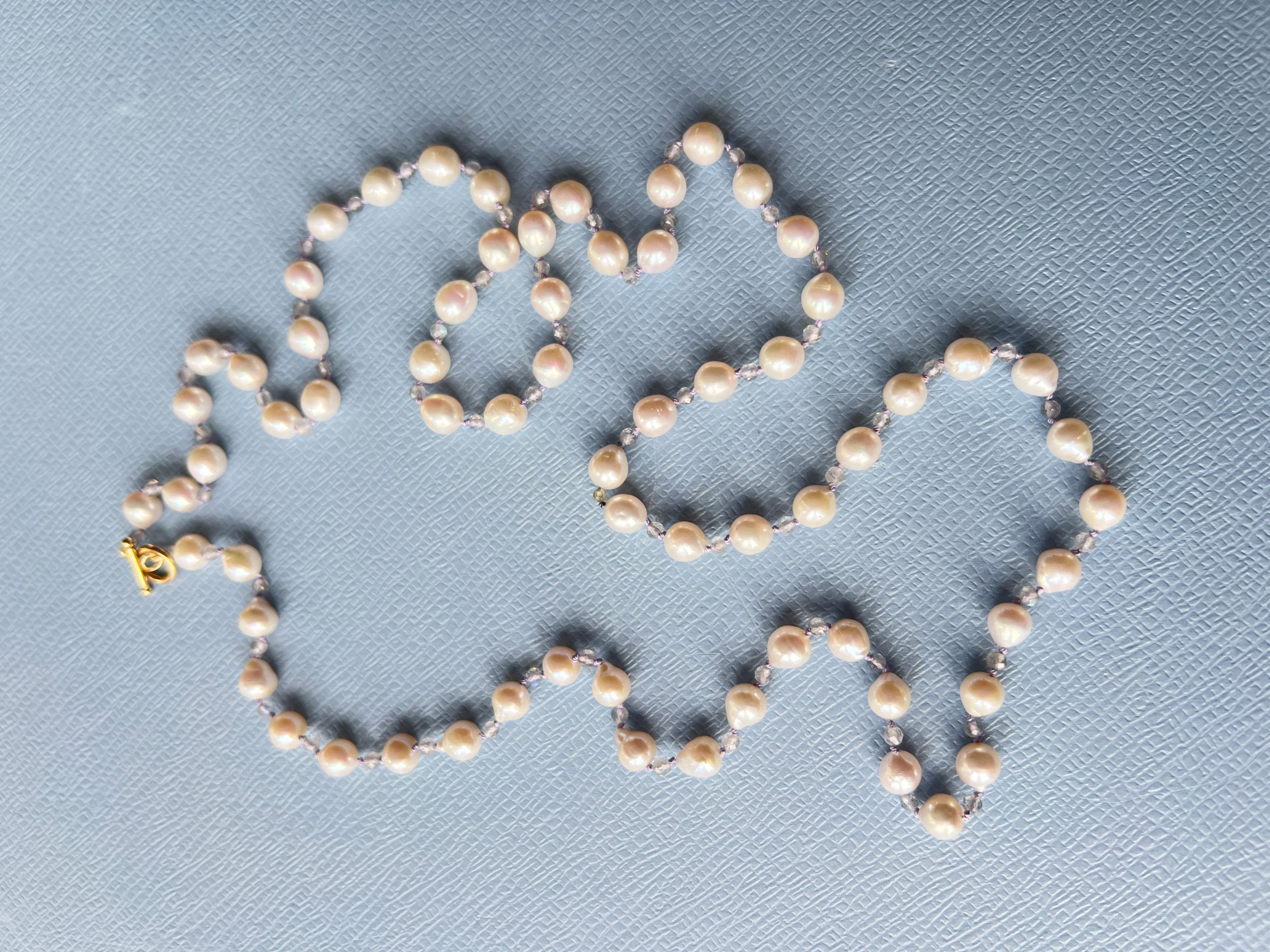 Round Cut White Pearl Grey Labradorite Long Bead Necklace Made in Los Angeles For Sale