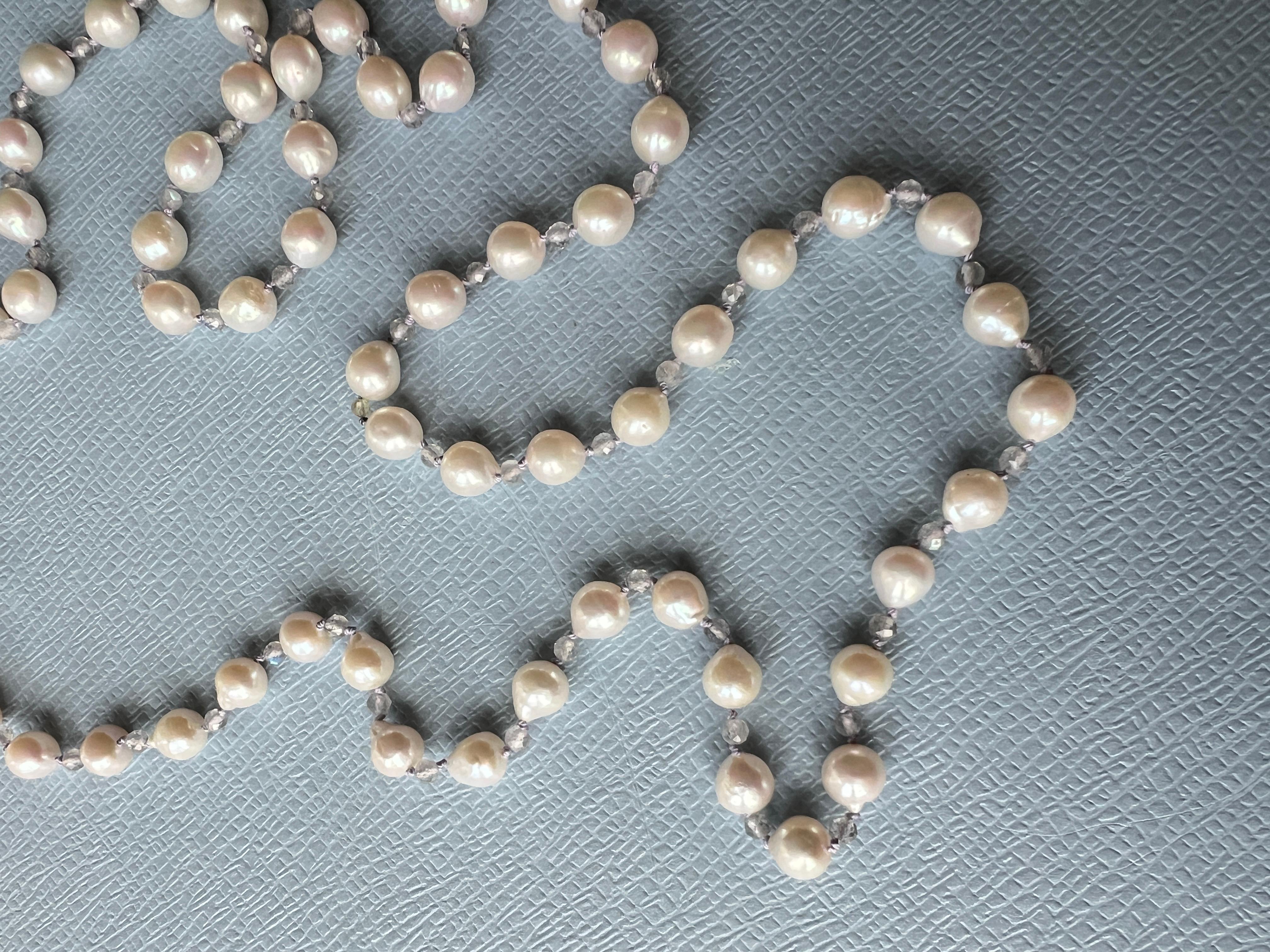 Women's White Pearl Grey Labradorite Long Bead Necklace Made in Los Angeles For Sale