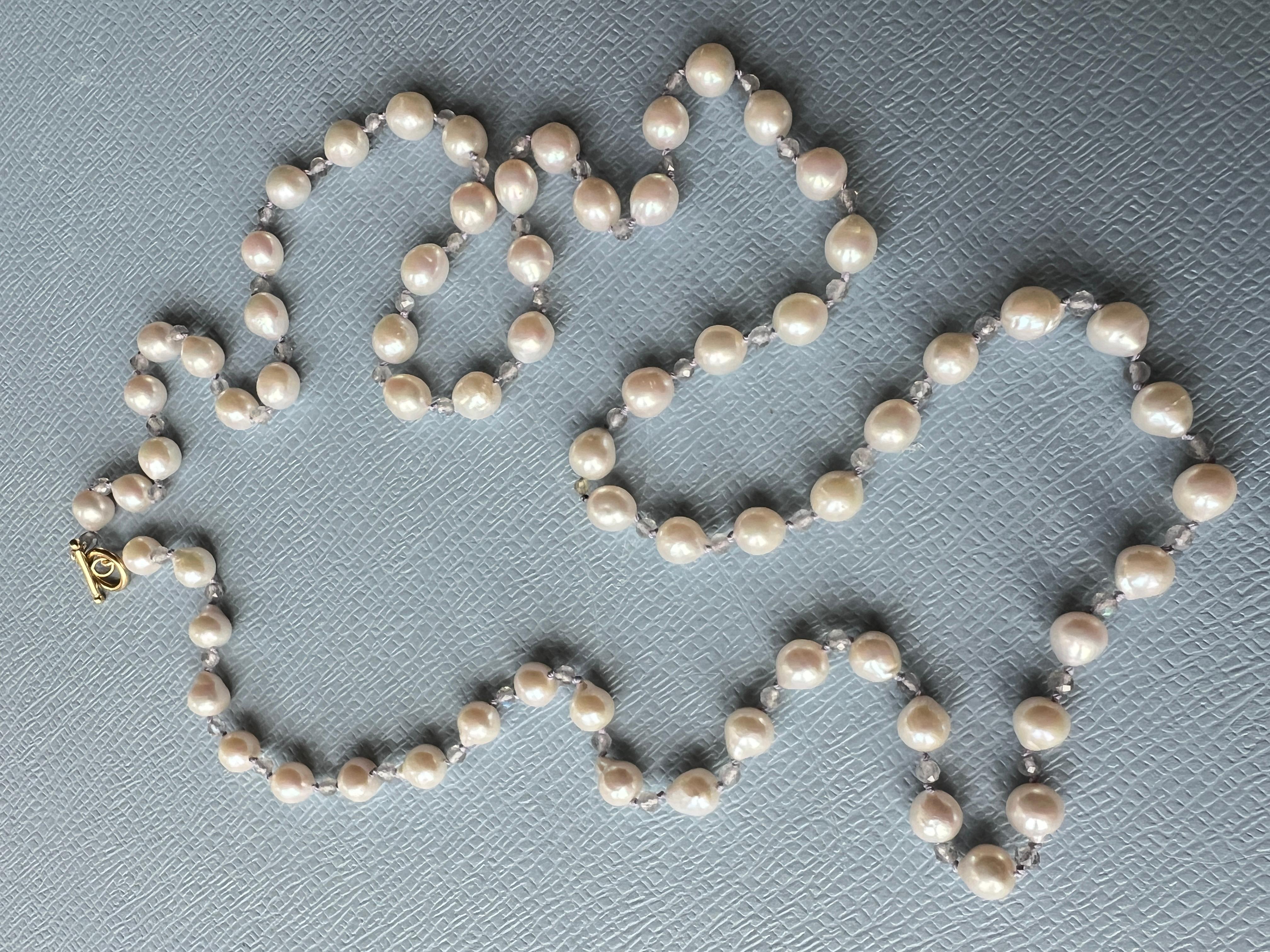 White Pearl Grey Labradorite Long Bead Necklace Made in Los Angeles For Sale 1