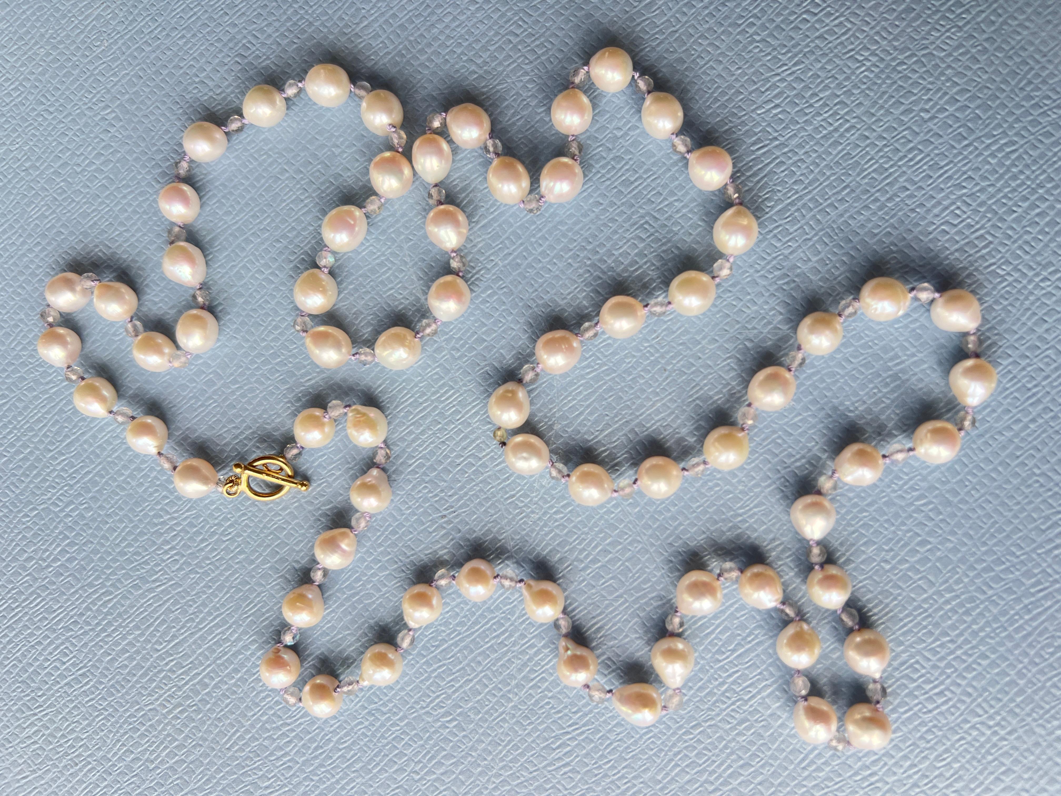 White Pearl Grey Labradorite Long Bead Necklace Made in Los Angeles For Sale 4