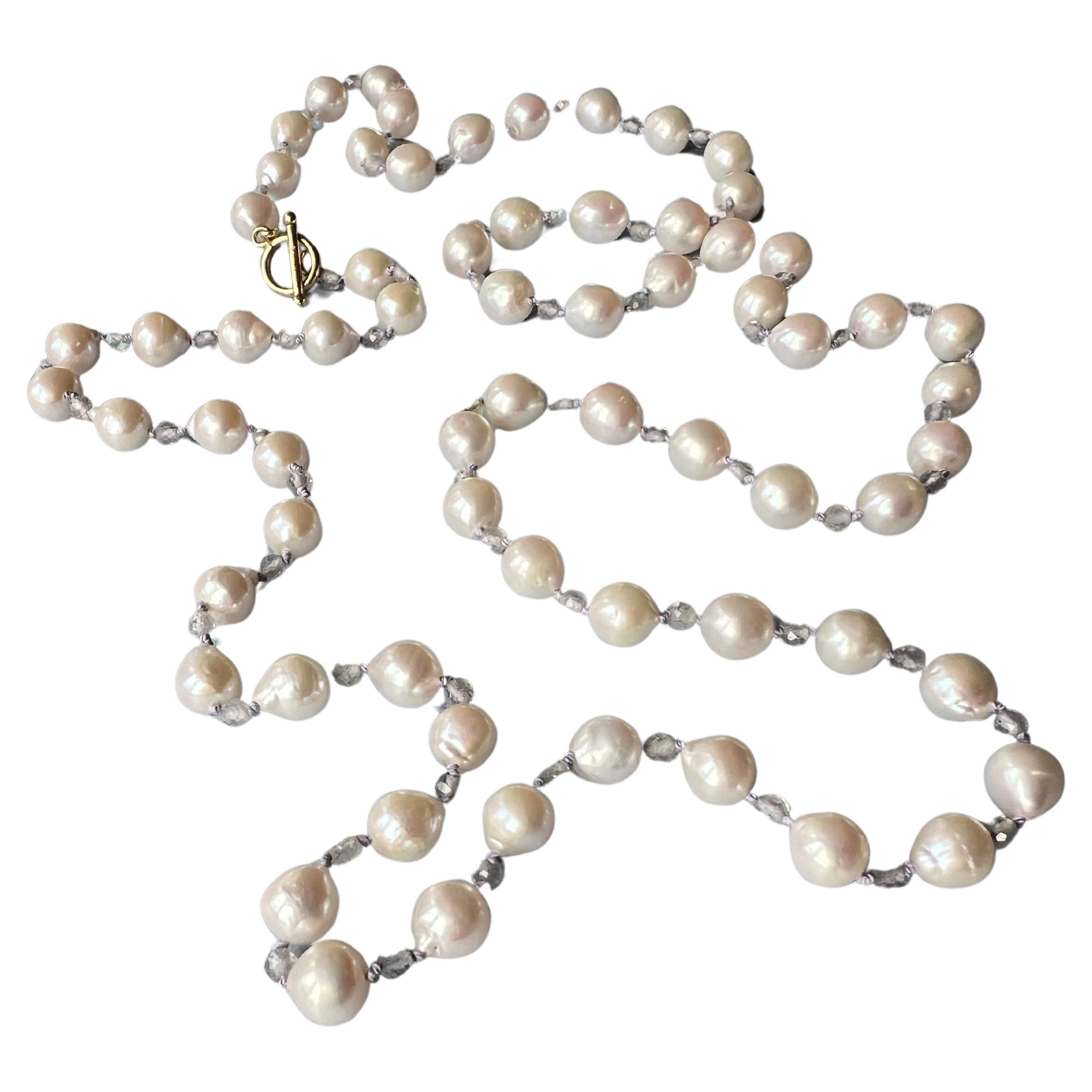White Pearl Grey Labradorite Long Bead Necklace Made in Los Angeles