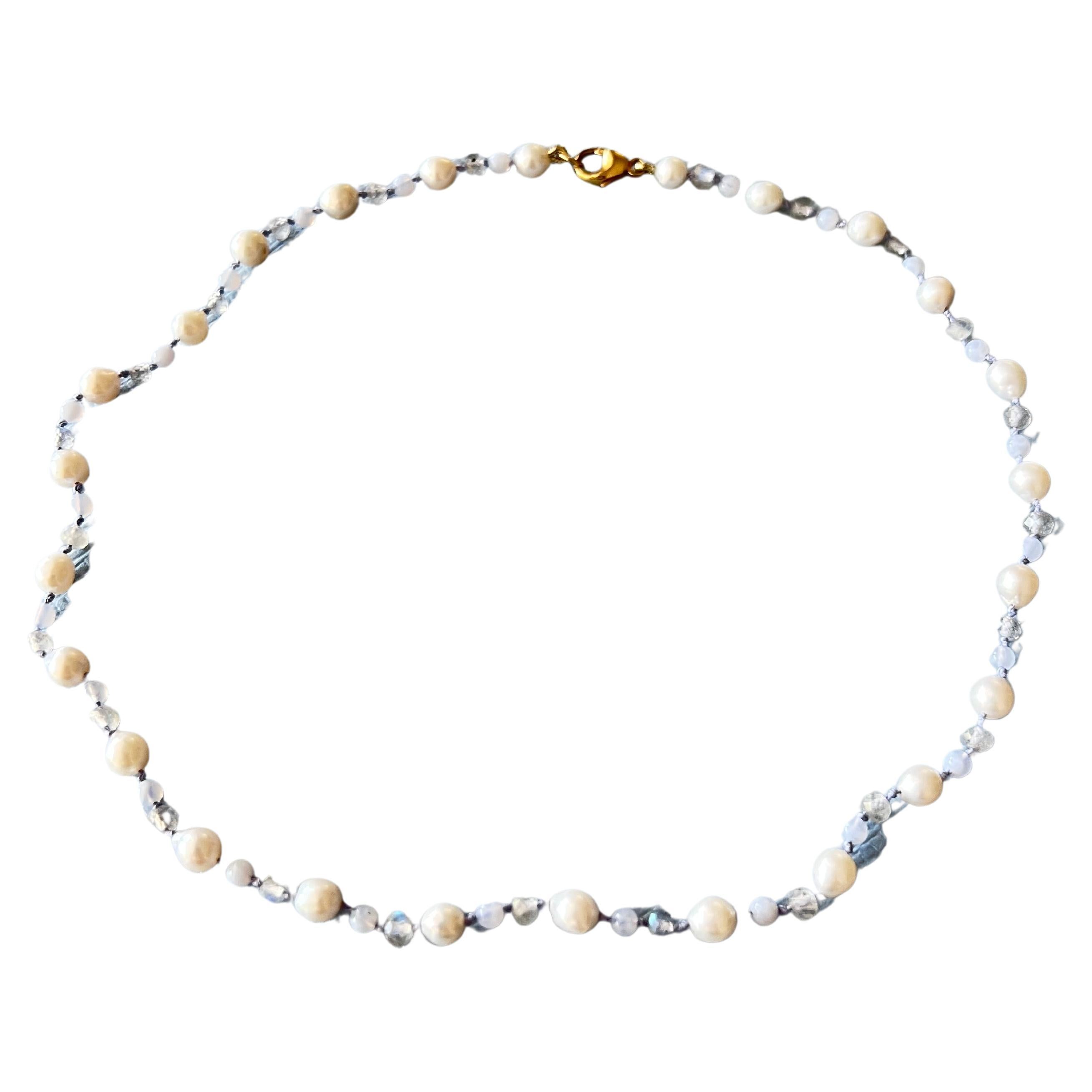 Women's White Pearl Labradorite Blue Lace Agate Choker Necklace J Dauphin For Sale