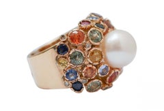 Bague grappe en or rose 14 carats, perles blanches, saphirs multicolores, diamants