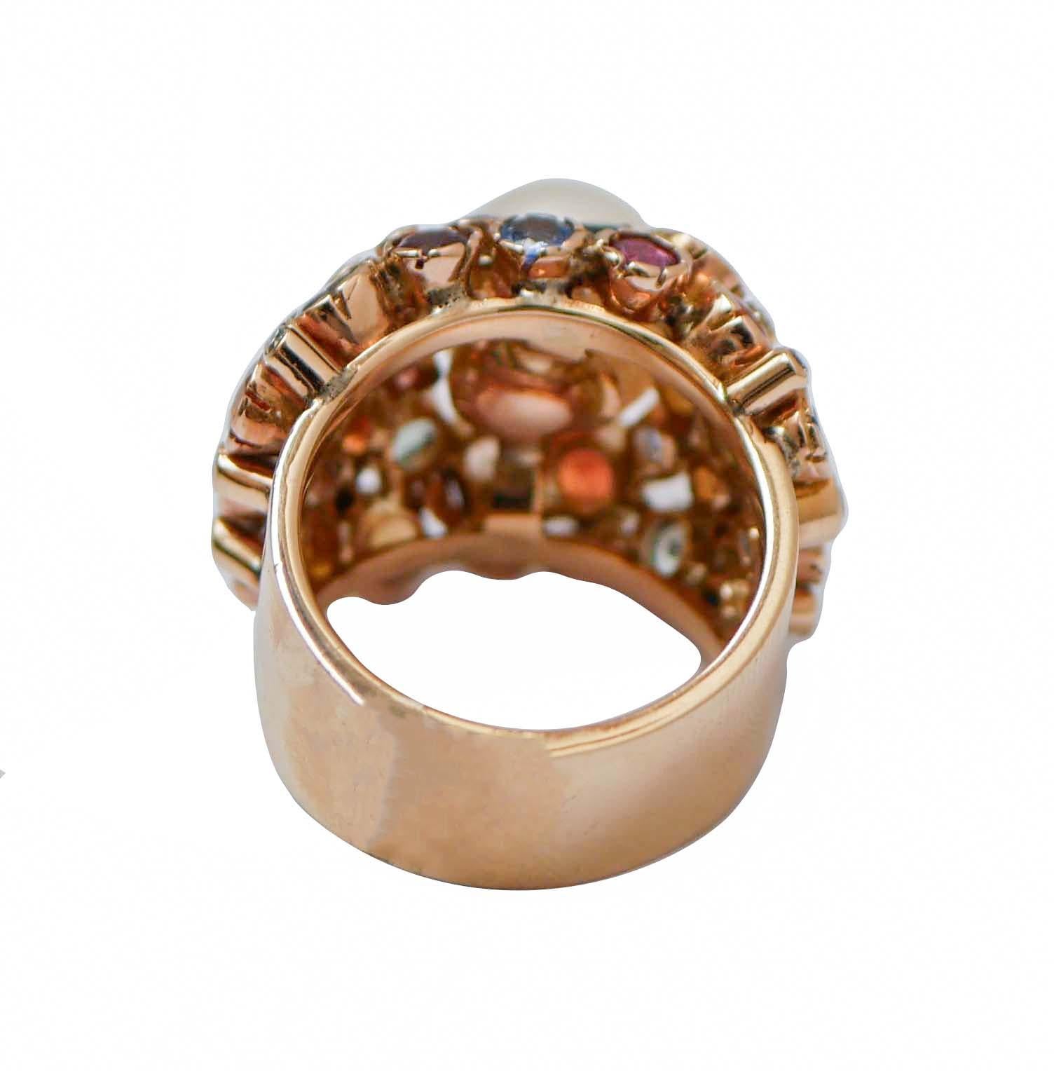 Retro White Pearl, Multicolor Sapphires, Diamonds, 14 Karat Rose Gold Cluster Ring. For Sale