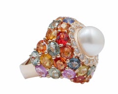 White Pearl, Multicolor Sapphires, Diamonds, 14 Karat Rose Gold Ring.