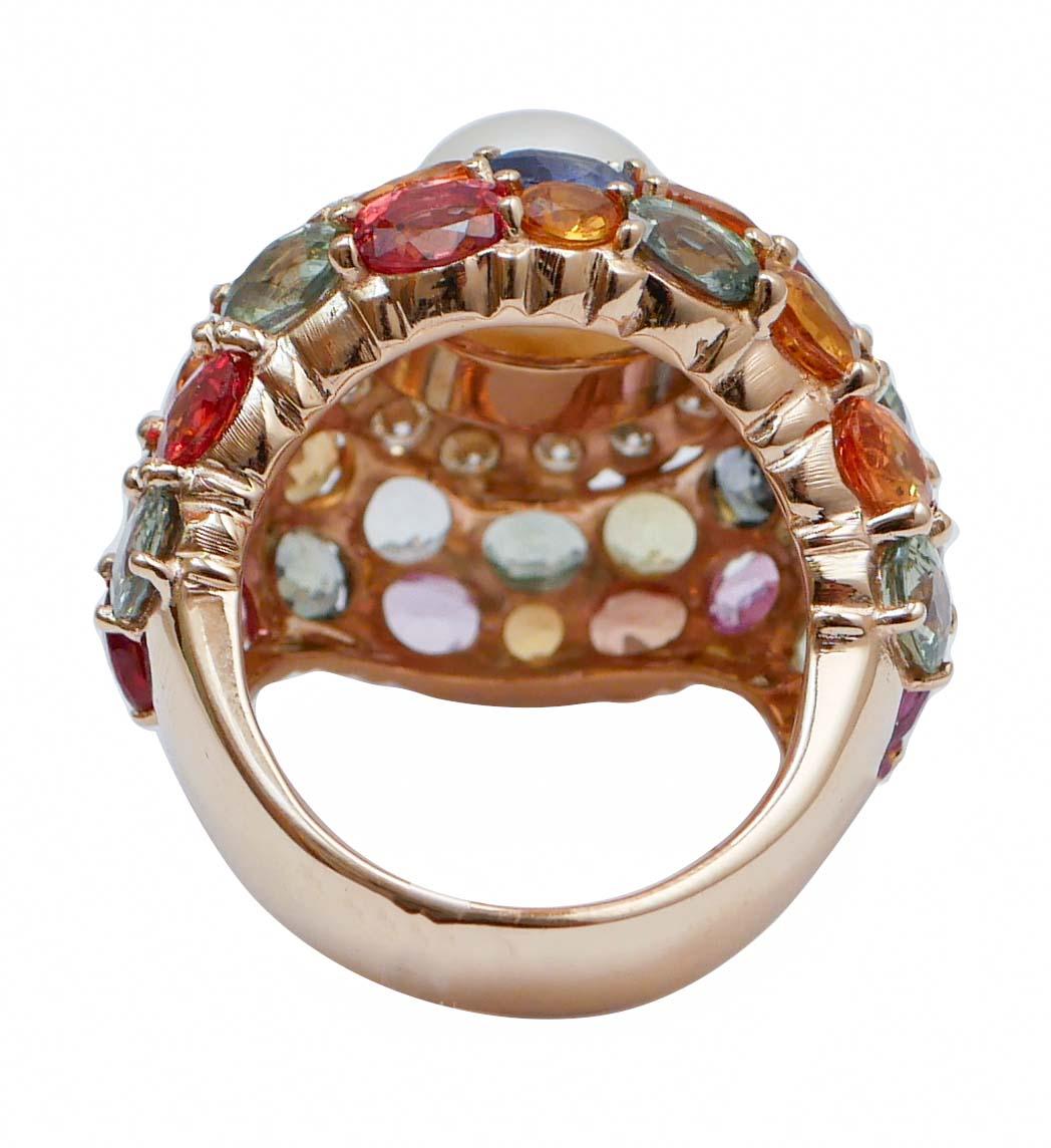 Retro White Pearl, Multicolor Sapphires, Diamonds, 14 Karat Rose Gold Ring. For Sale