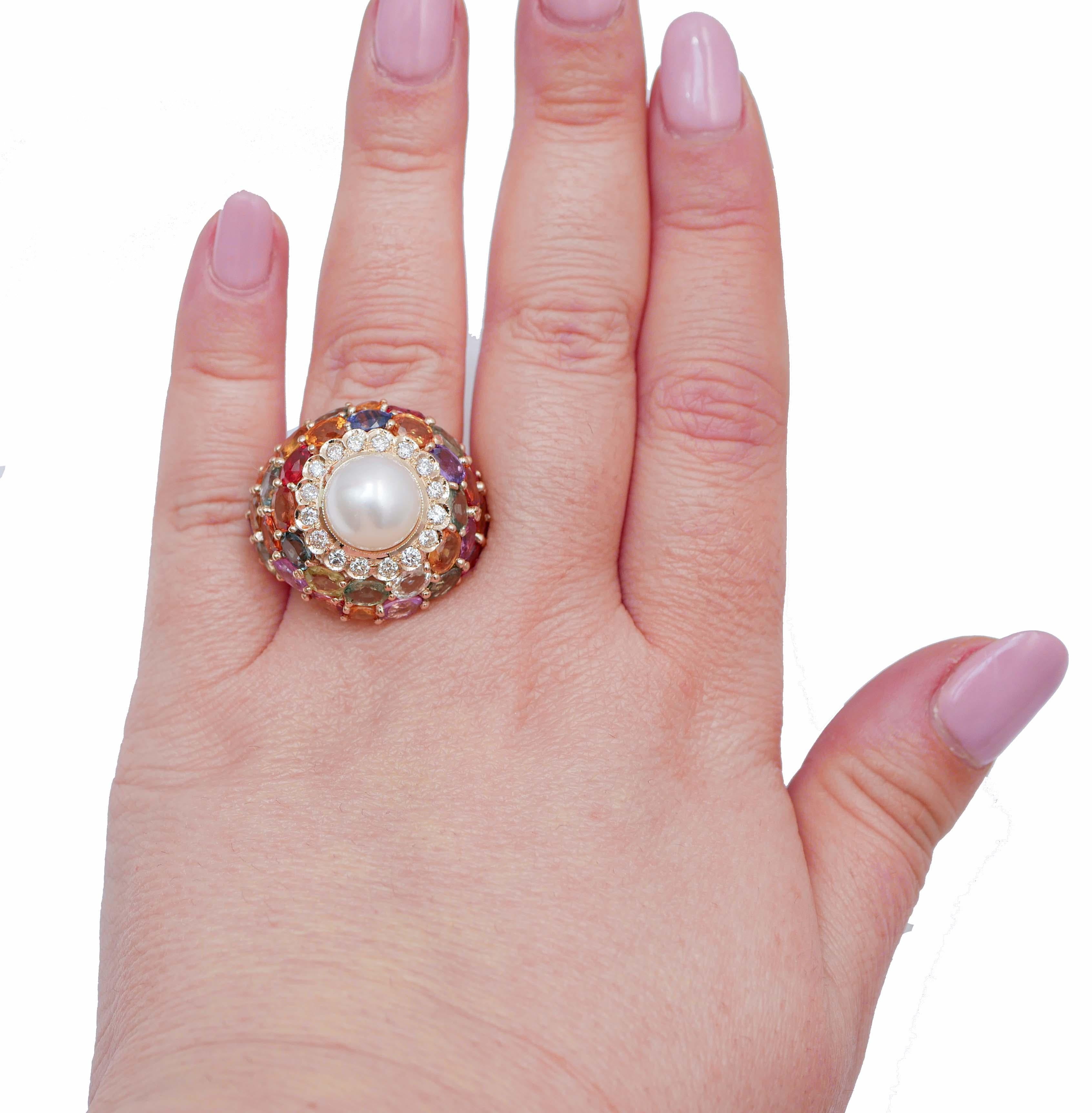Mixed Cut White Pearl, Multicolor Sapphires, Diamonds, 14 Karat Rose Gold Ring. For Sale