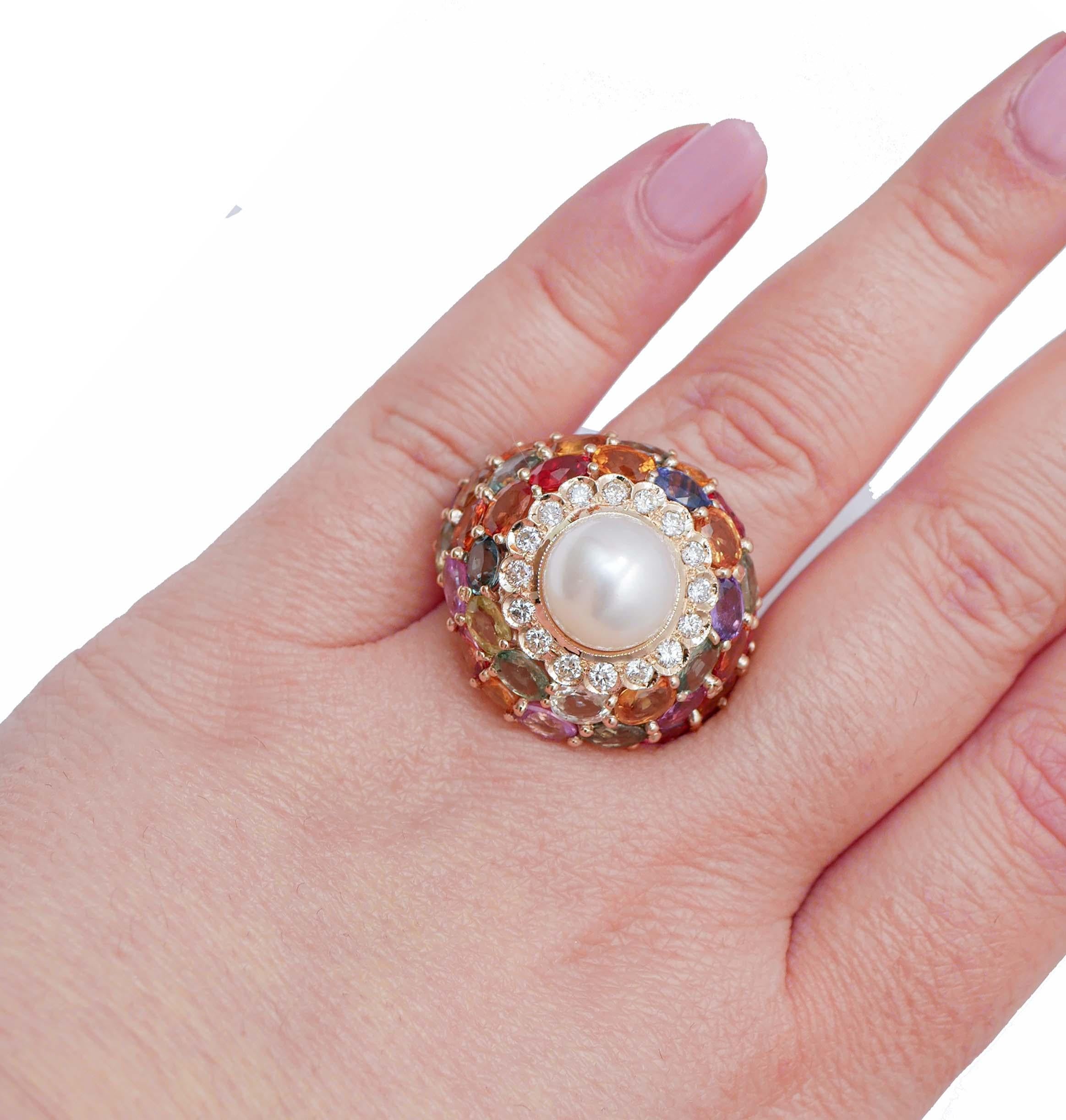 White Pearl, Multicolor Sapphires, Diamonds, 14 Karat Rose Gold Ring. In Good Condition For Sale In Marcianise, Marcianise (CE)