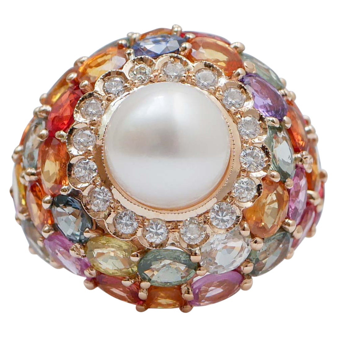 Perla bianca, zaffiri multicolore, diamanti, anello in oro rosa 14 carati.