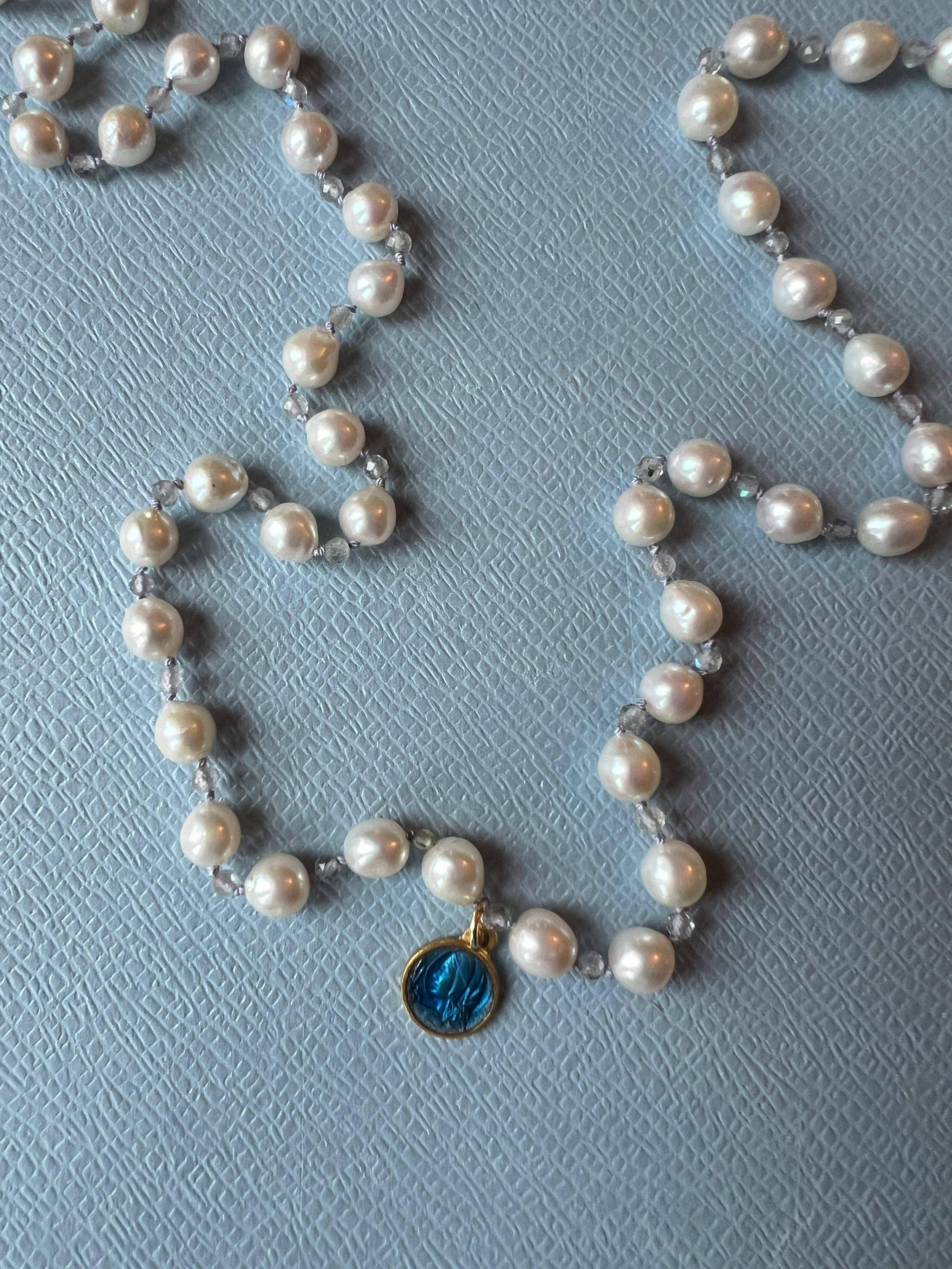 Contemporary White Pearl Necklace Romantic Style Blue Enamel Medal For Sale