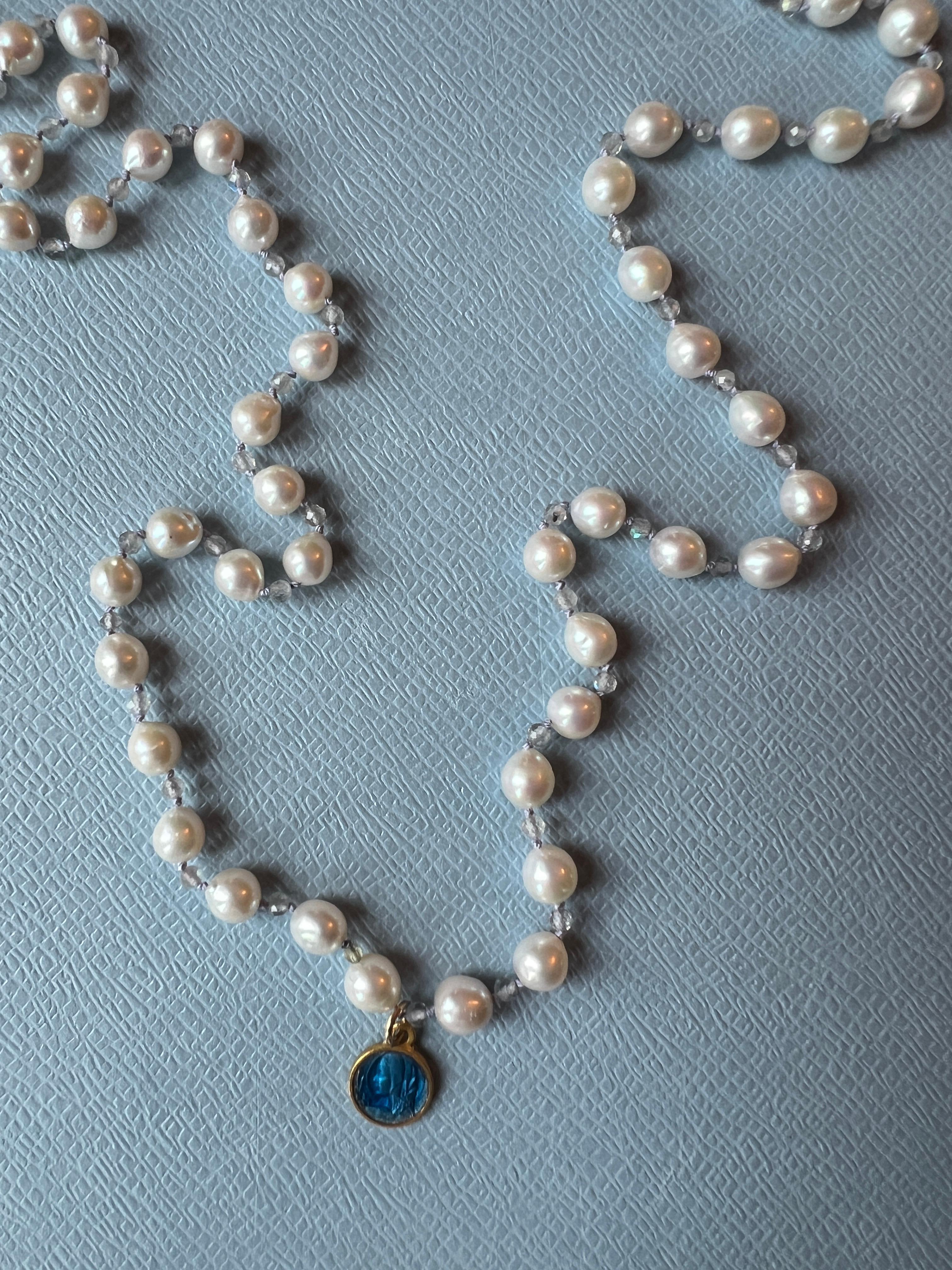 Round Cut White Pearl Necklace Romantic Style Blue Enamel Medal For Sale
