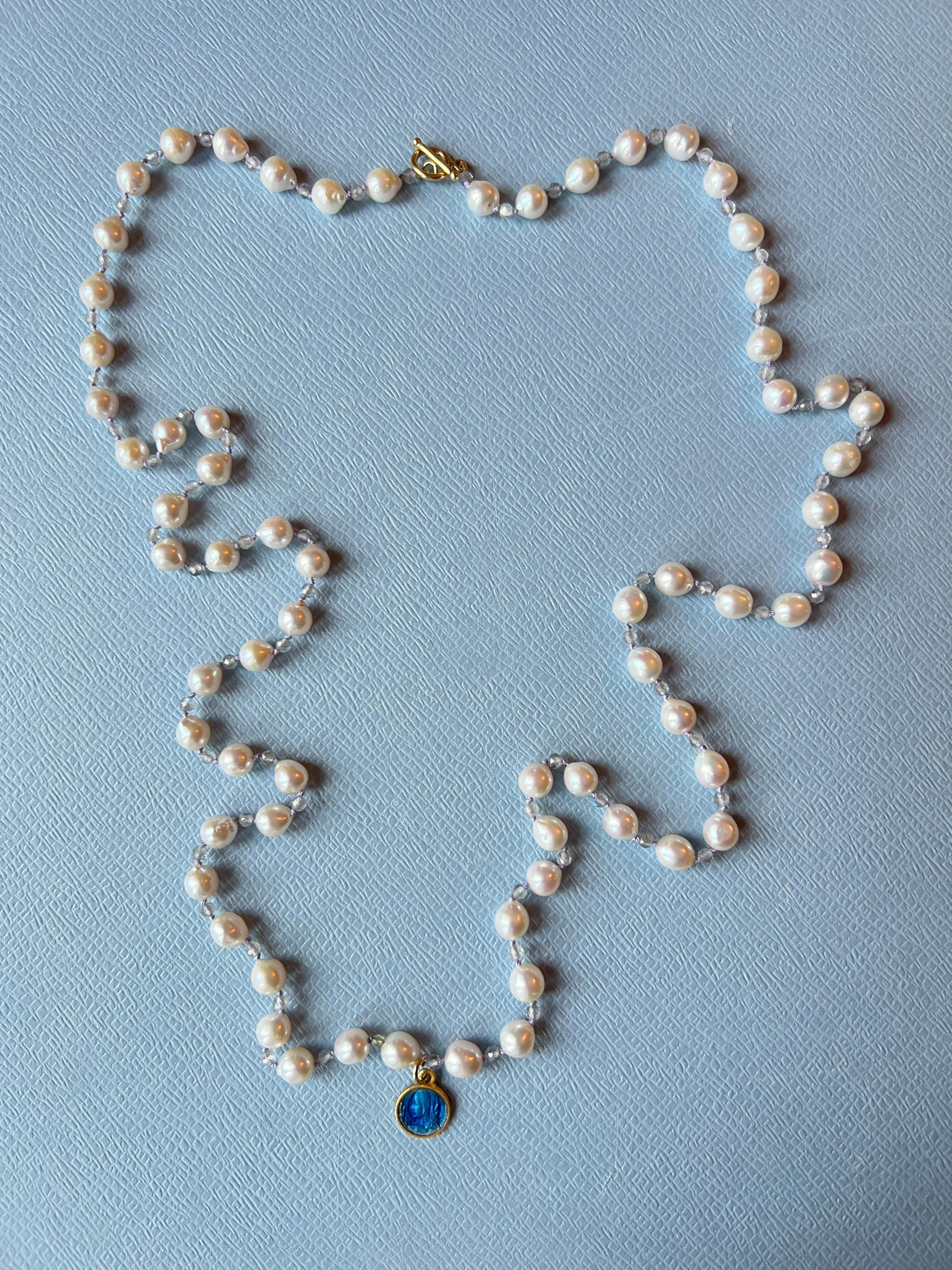 White Pearl Necklace Romantic Style Blue Enamel Medal In New Condition For Sale In Los Angeles, CA