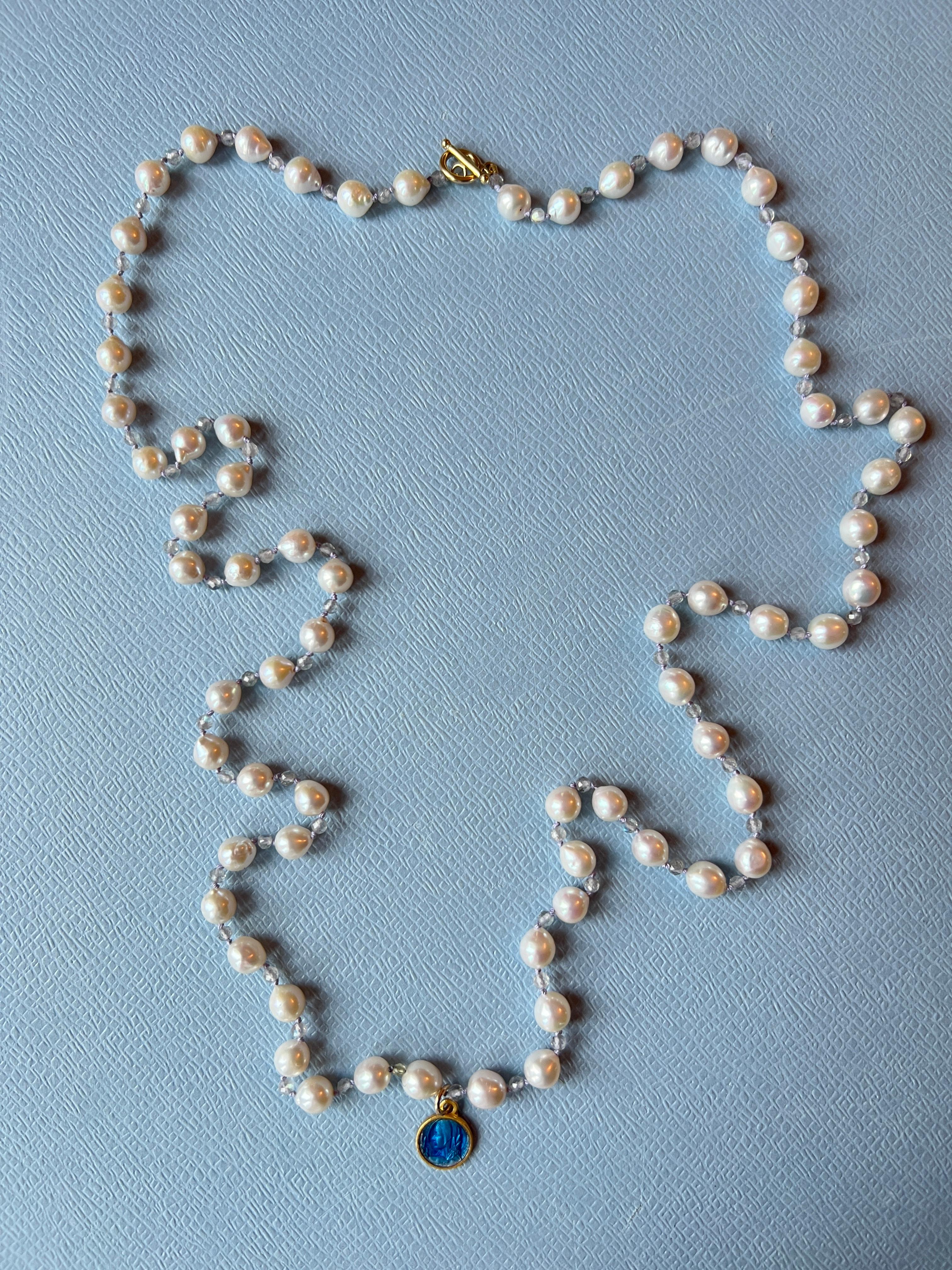 Women's White Pearl Necklace Romantic Style Blue Enamel Medal For Sale