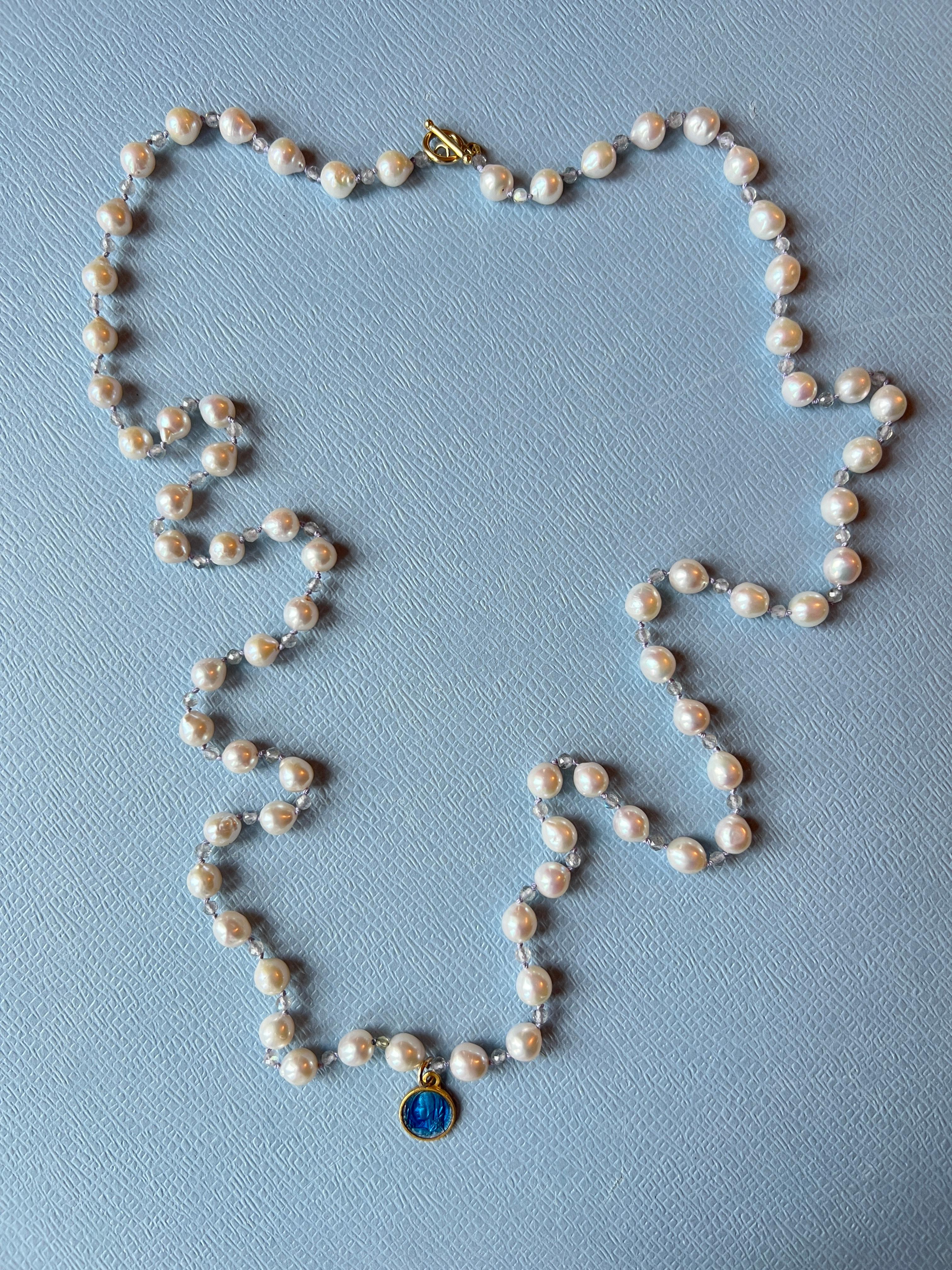 White Pearl Necklace Romantic Style Blue Enamel Medal For Sale 1