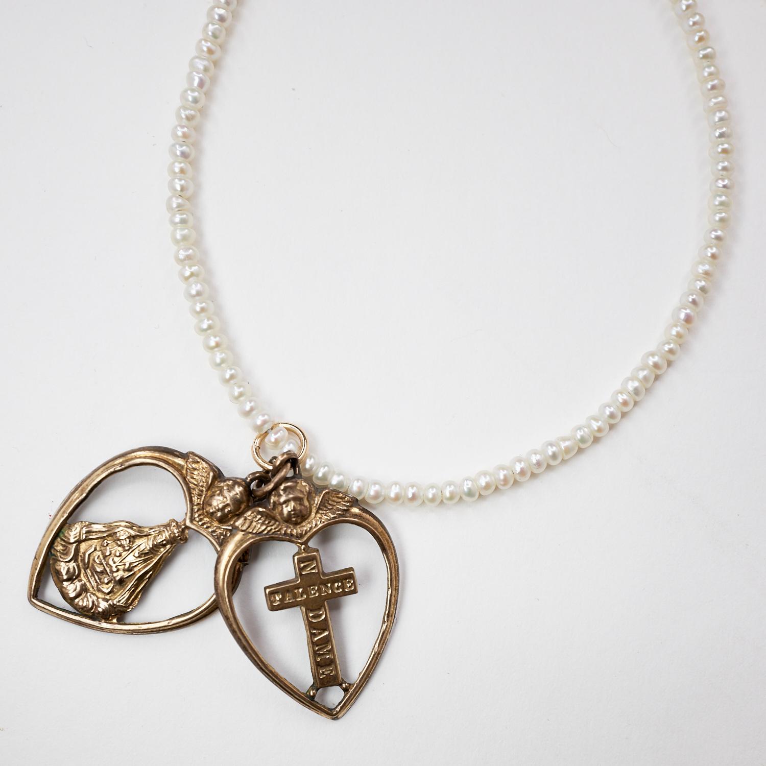 Weiße Perlenkette Gold gefüllte Kette Choker Herz Engel Kreuz Anhänger Tansanit J Dauphin16