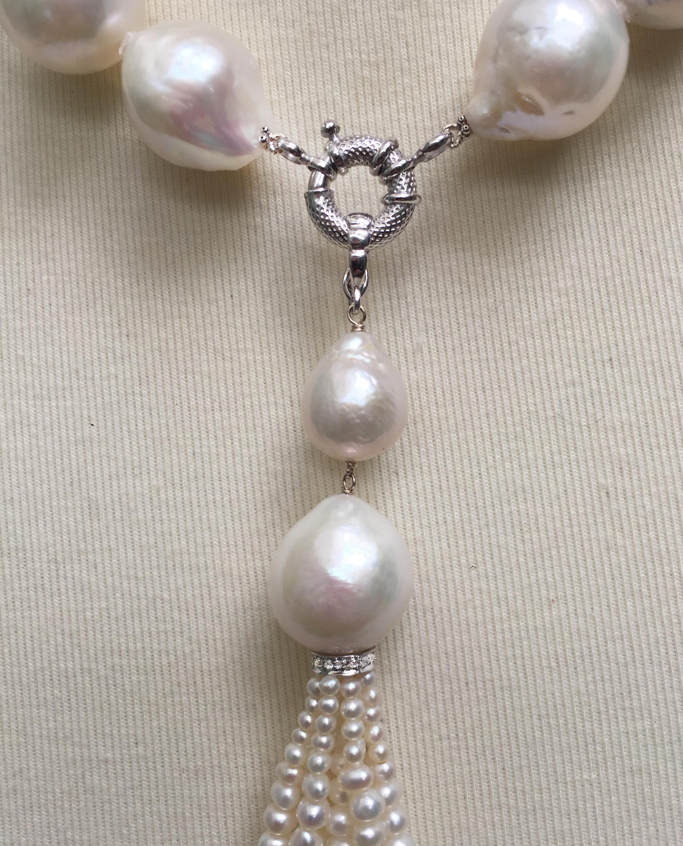 Marina J White Pearl Necklace, Double Pearl, Tassel and 14 K White Gold Clasp In New Condition In Los Angeles, CA