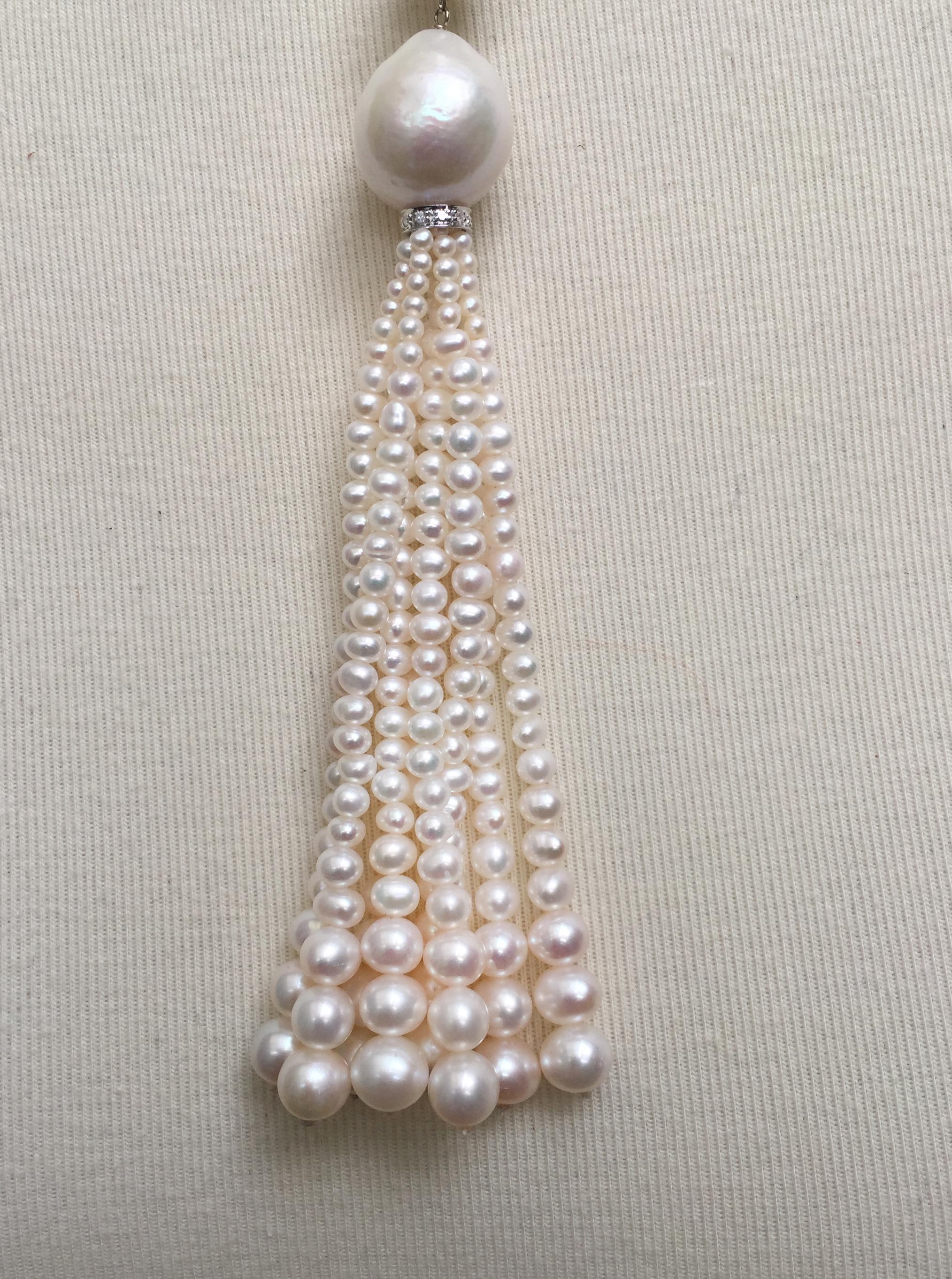 Women's Marina J White Pearl Necklace, Double Pearl, Tassel and 14 K White Gold Clasp