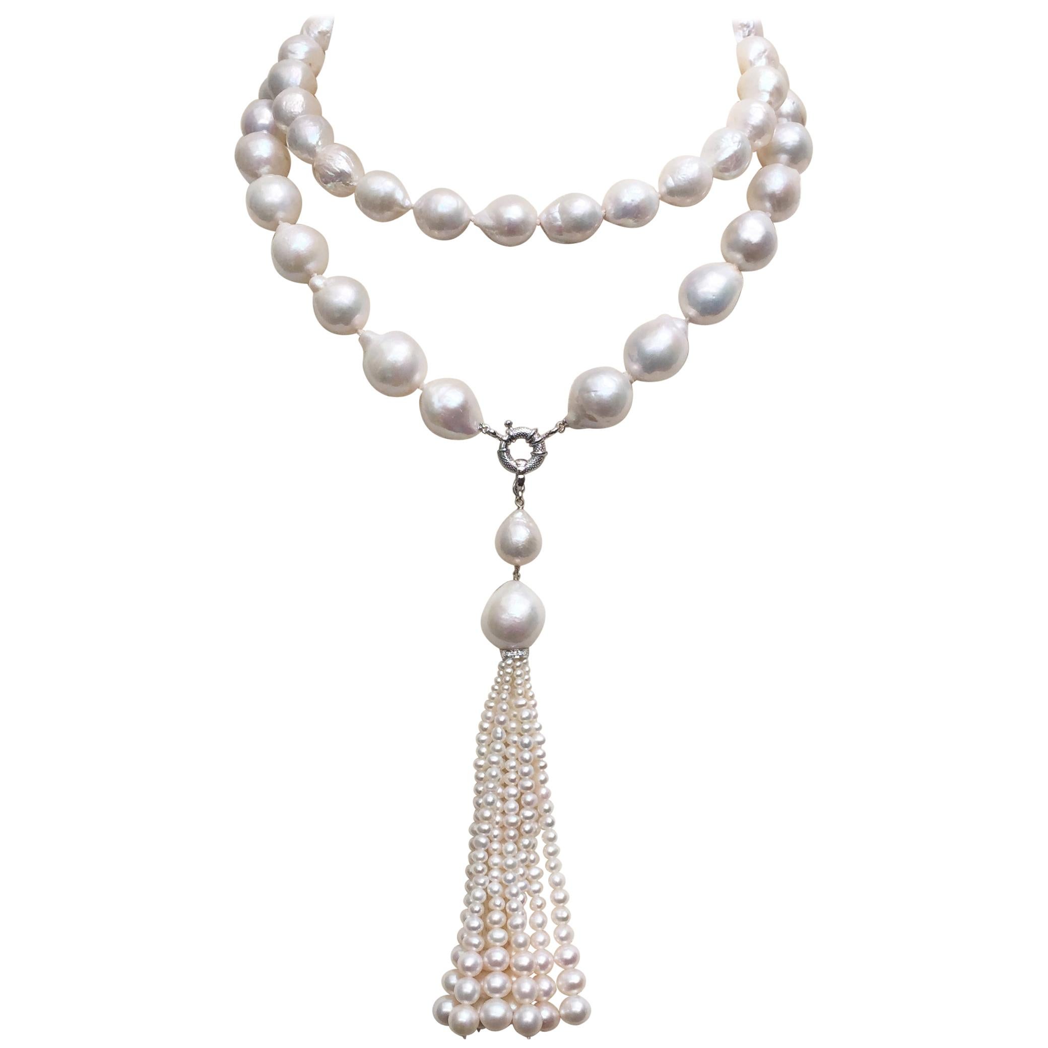 Marina J White Pearl Necklace, Double Pearl, Tassel and 14 K White Gold Clasp