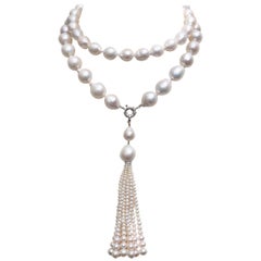 Marina J White Pearl Necklace, Double Pearl, Tassel and 14 K White Gold Clasp