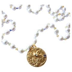 Dove Medal Pearl Necklace Holy Spirit Tanzanite Gold Beaded Pendant