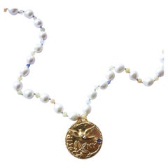 Dove Medal Pearl Necklace Holy Spirit Tanzanite Gold Beaded Pendant