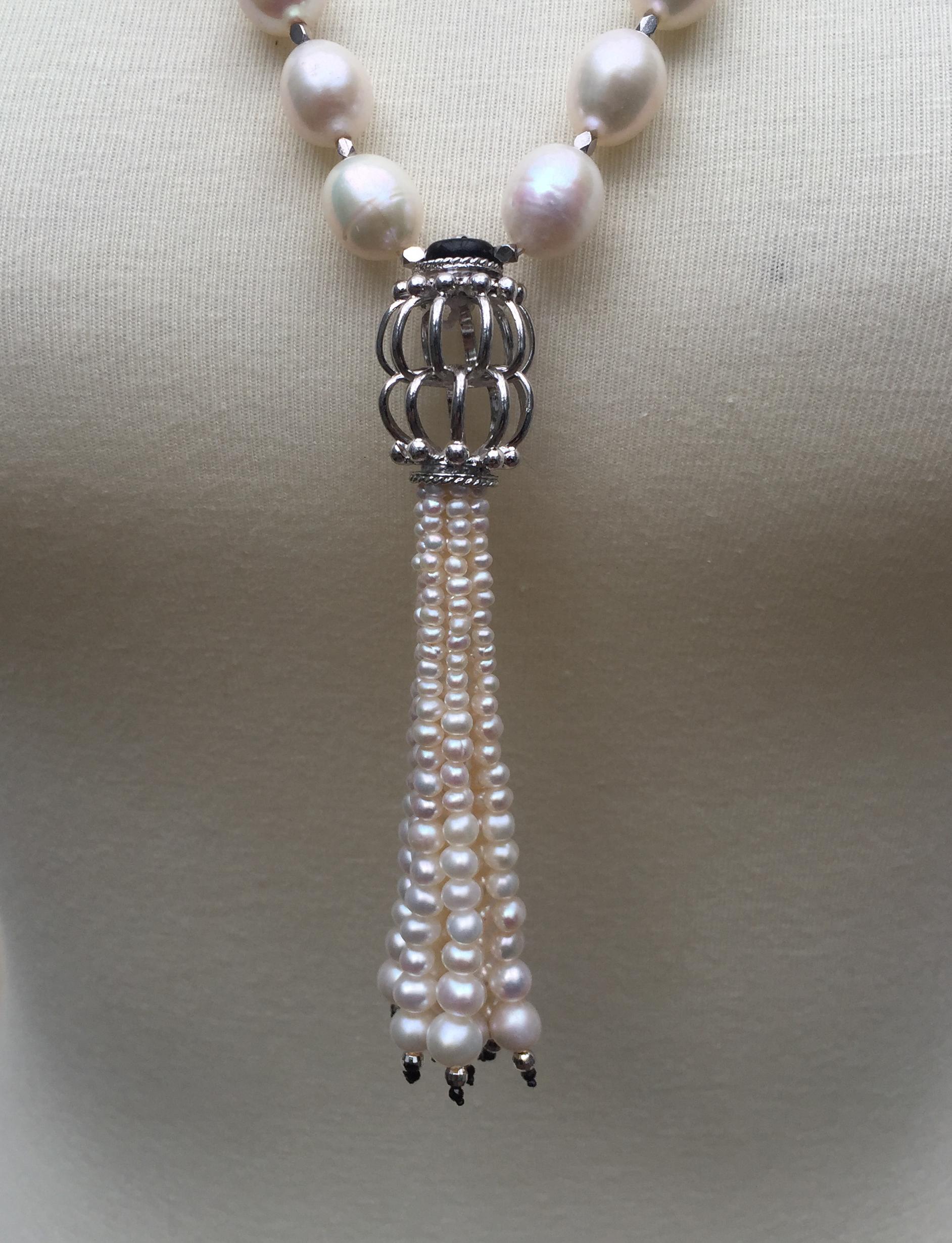 Artist Marina J White Pearl Long Necklace with Sterling Silver Beads and Black Onyx