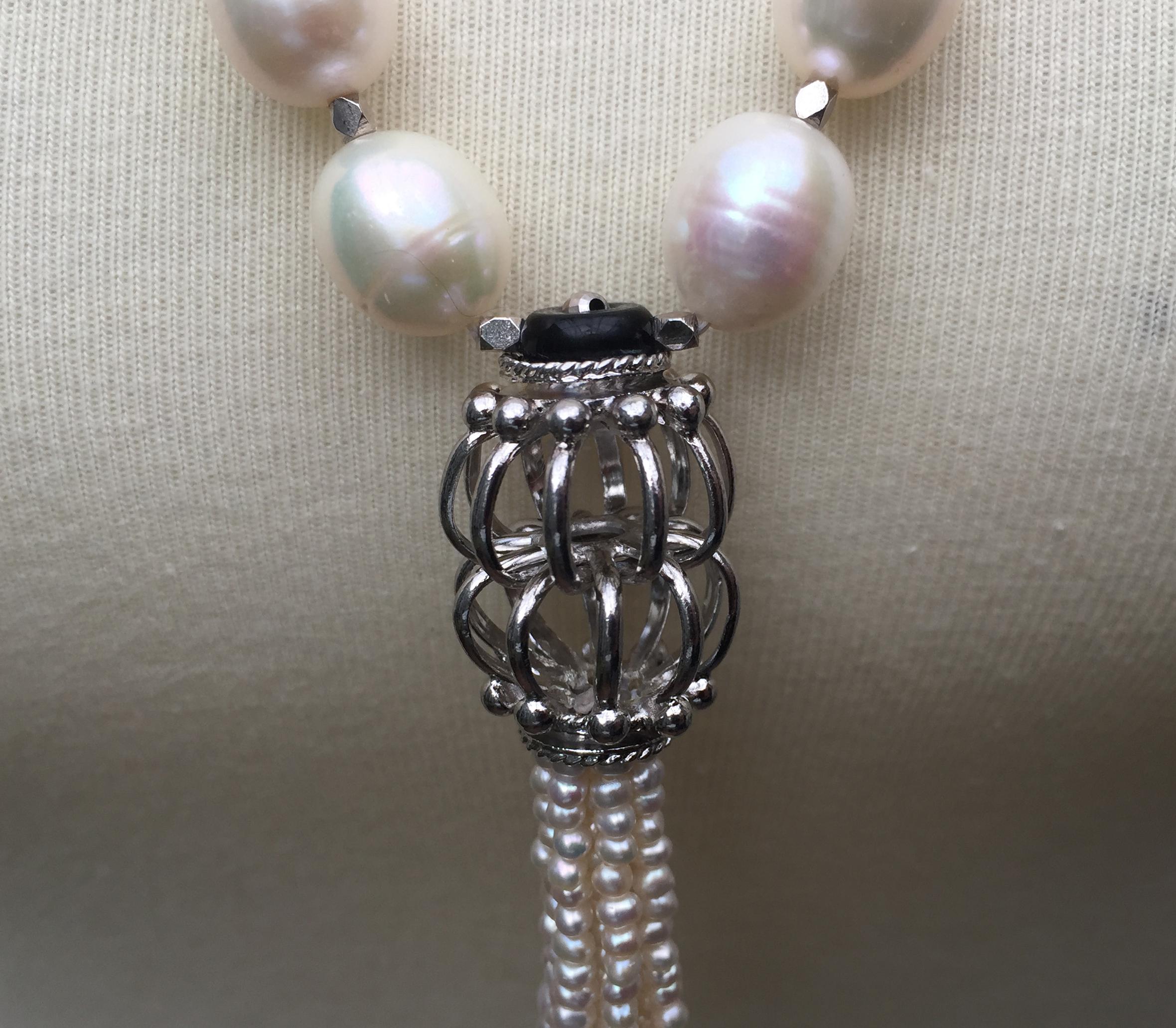 Marina J White Pearl Long Necklace with Sterling Silver Beads and Black Onyx In New Condition In Los Angeles, CA