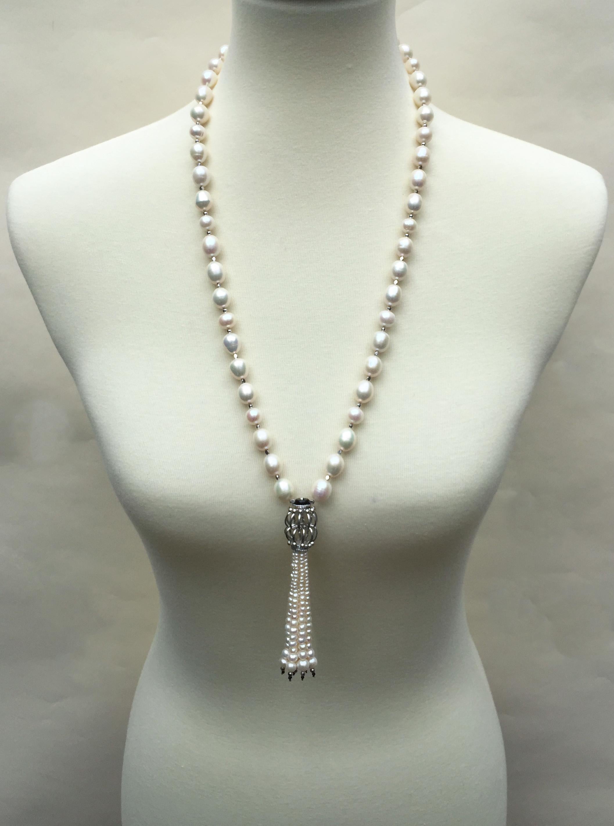 Marina J White Pearl Long Necklace with Sterling Silver Beads and Black Onyx 1