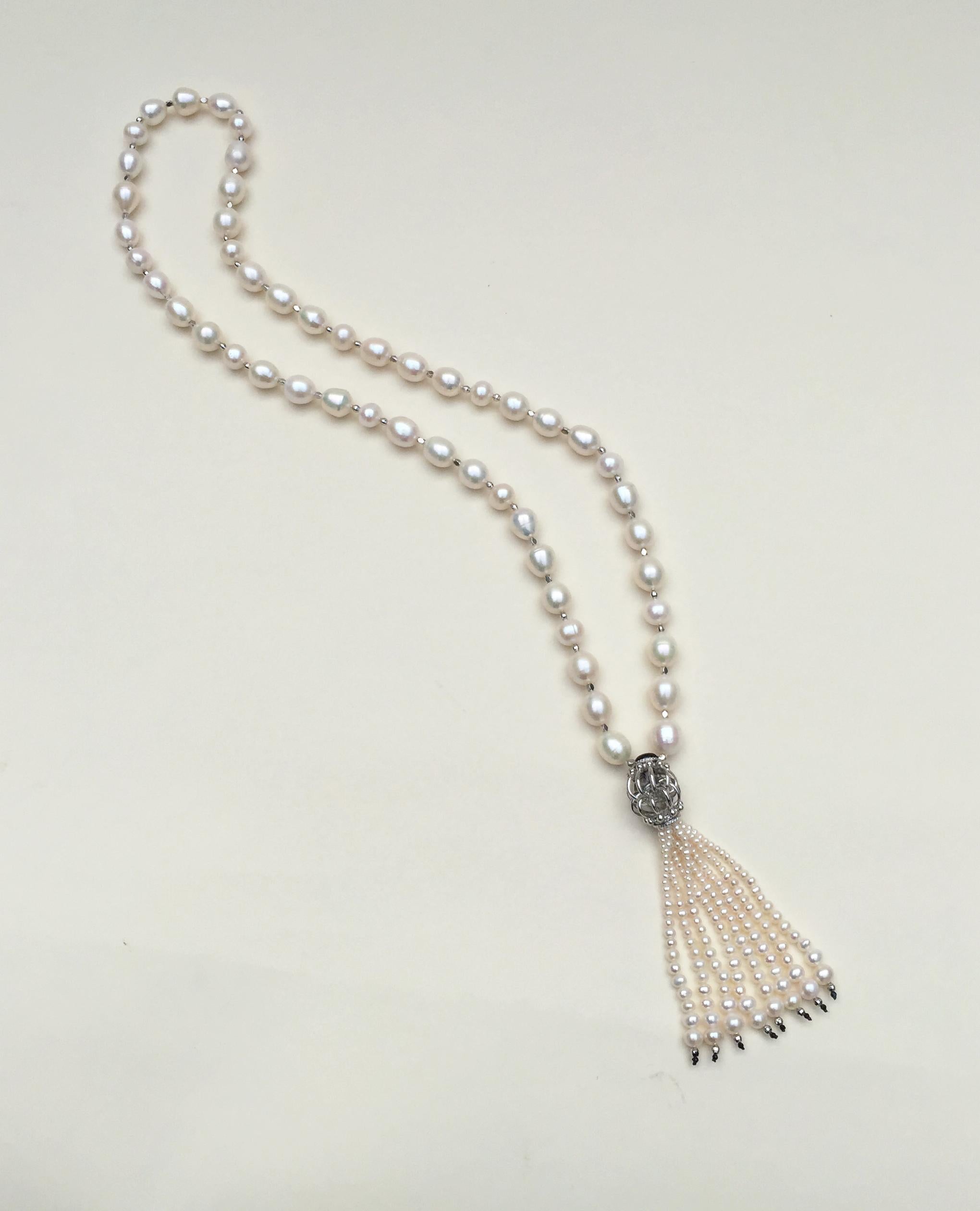 Marina J White Pearl Long Necklace with Sterling Silver Beads and Black Onyx 2