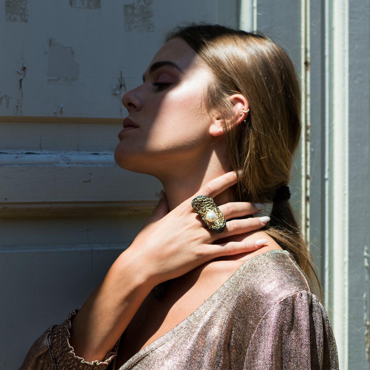 Contemporary White Pearl One-of-a-Kind Cocktail Ring in Blackened Silver and Yellow Gold For Sale