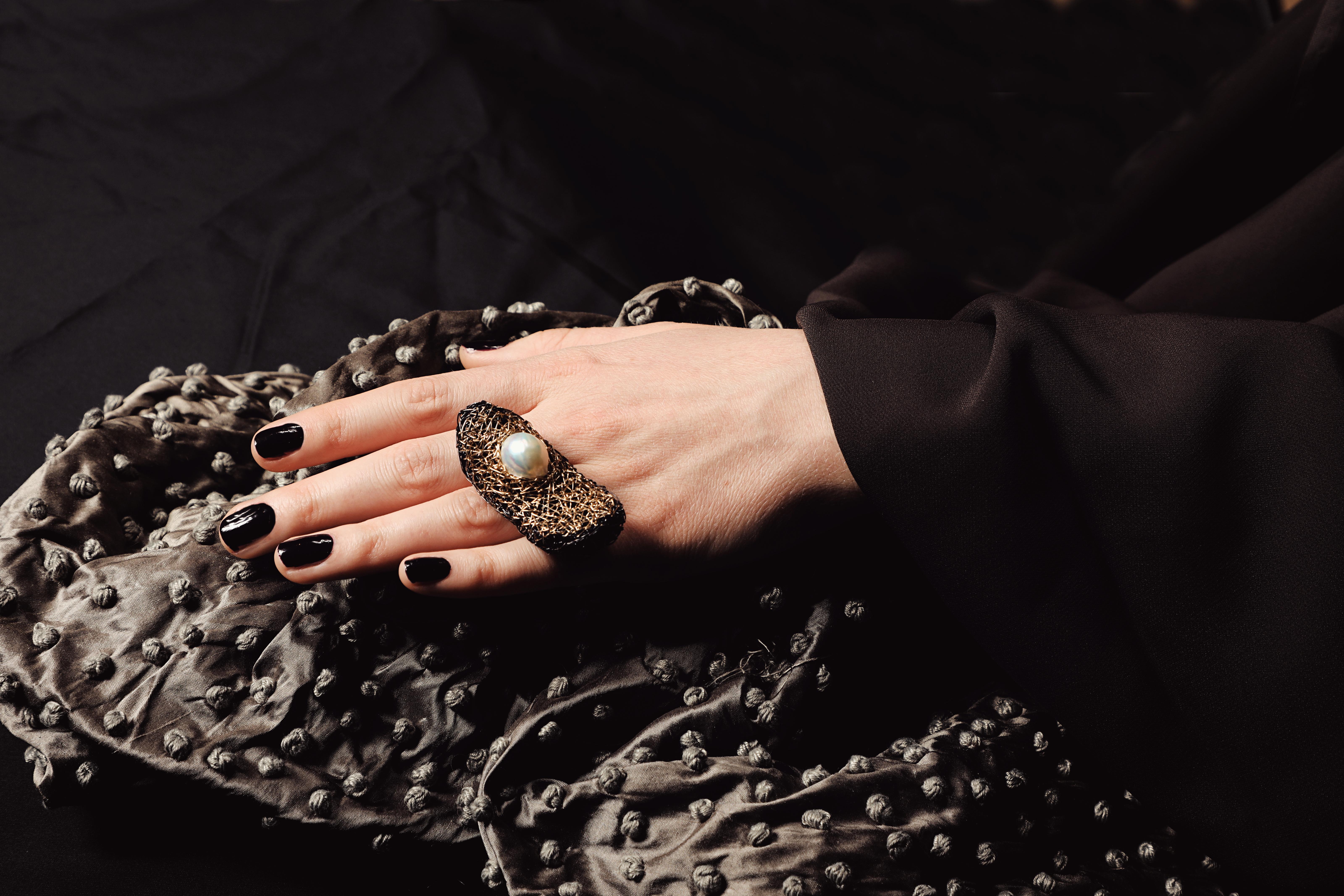 Uncut White Pearl One-of-a-Kind Cocktail Ring in Blackened Silver and Yellow Gold For Sale