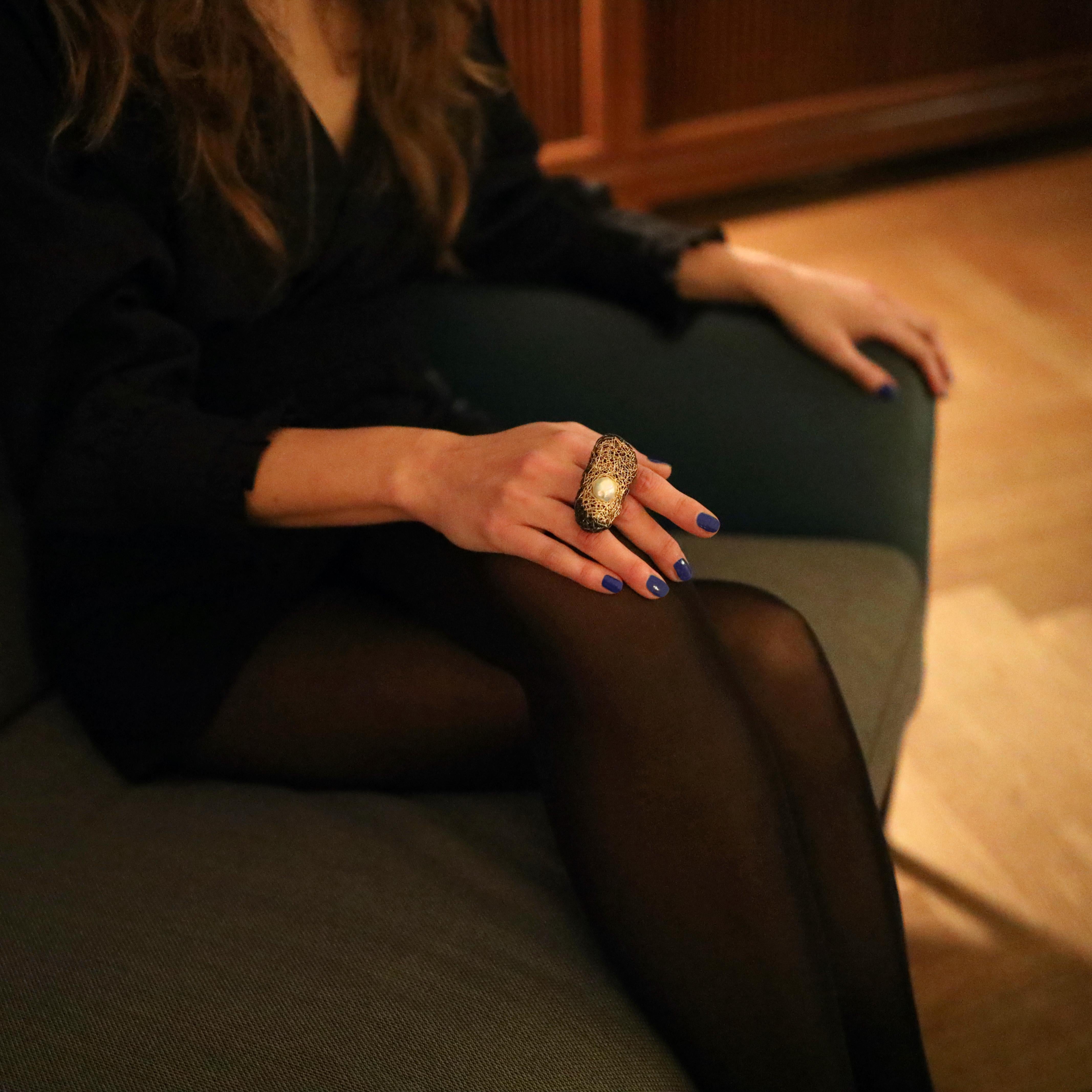 Women's or Men's White Pearl One-of-a-Kind Cocktail Ring in Blackened Silver and Yellow Gold For Sale
