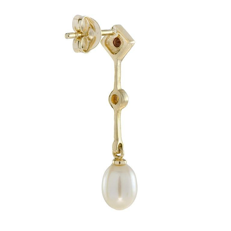 Round Cut White Pearl & Orange Citrine Vintage Style Drop 14K Yellow Gold Dangle Earrings For Sale