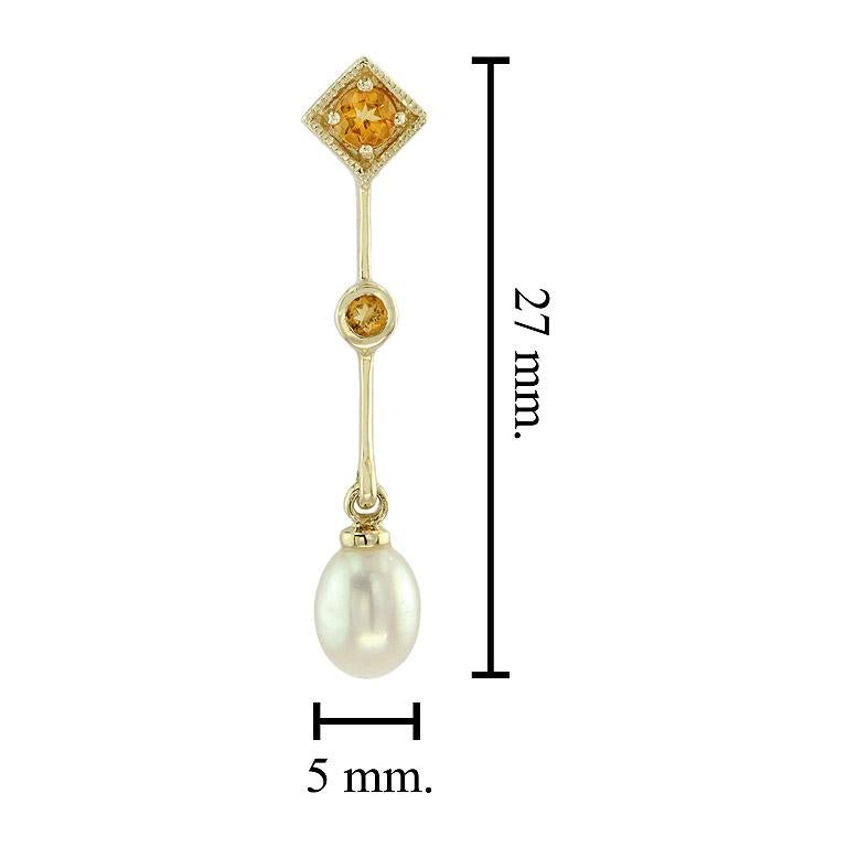 White Pearl & Orange Citrine Vintage Style Drop 14K Yellow Gold Dangle Earrings For Sale 1