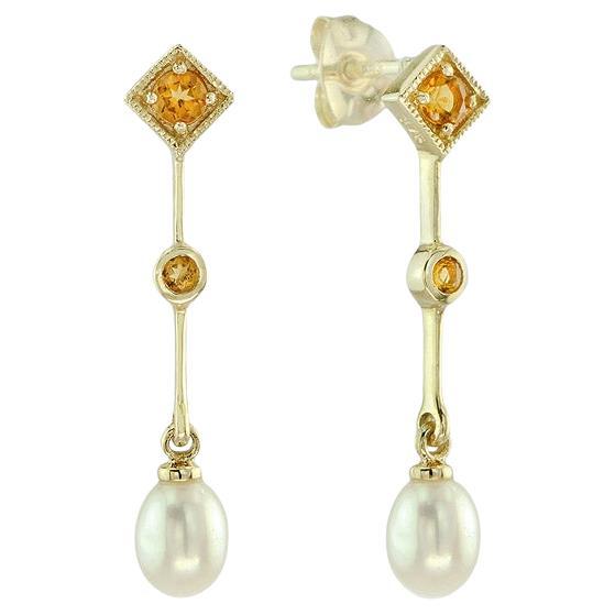 White Pearl & Orange Citrine Vintage Style Drop 14K Yellow Gold Dangle Earrings For Sale