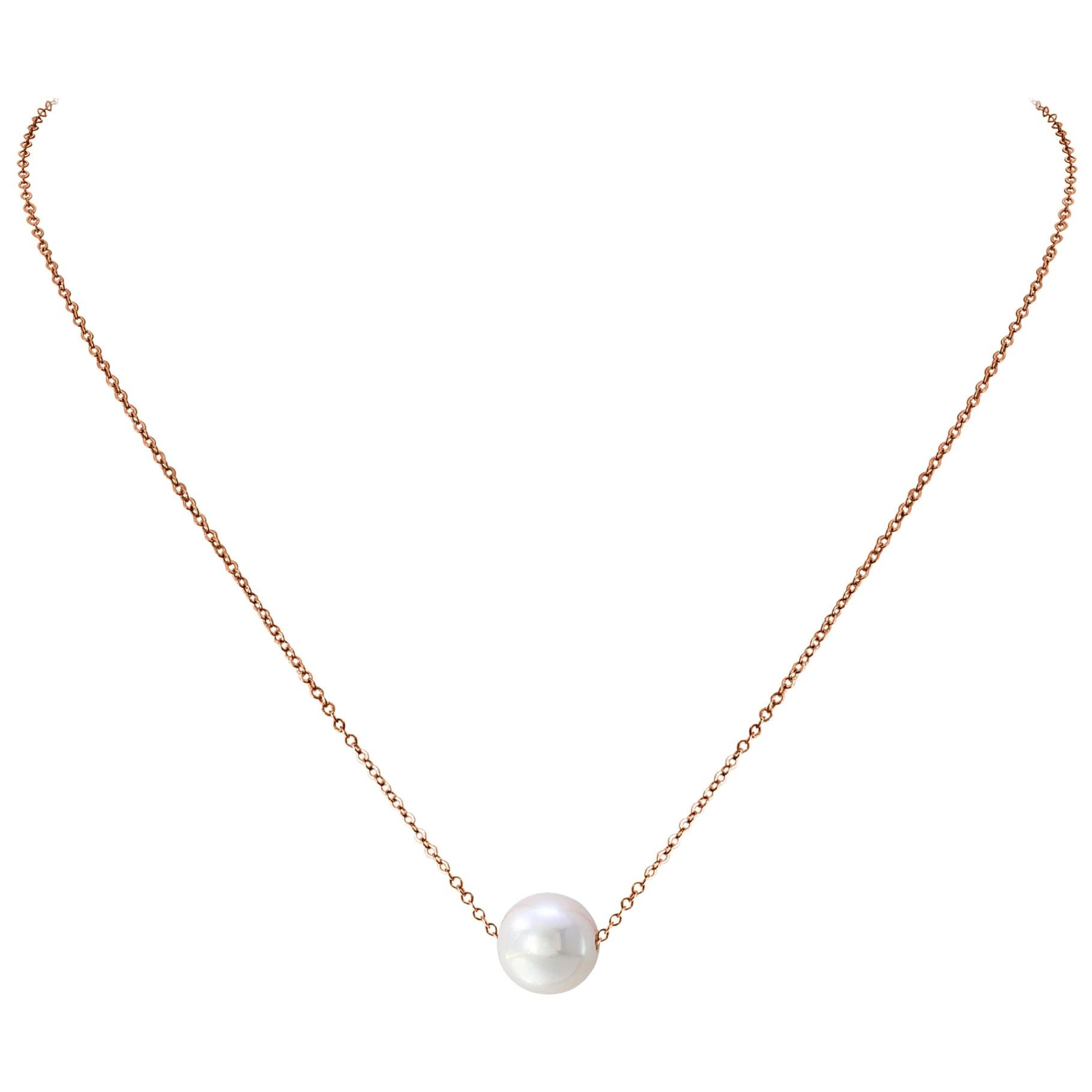 White Pearl Pendant Necklace on 14 Karat Rose Gold Adjustable Chain For Sale