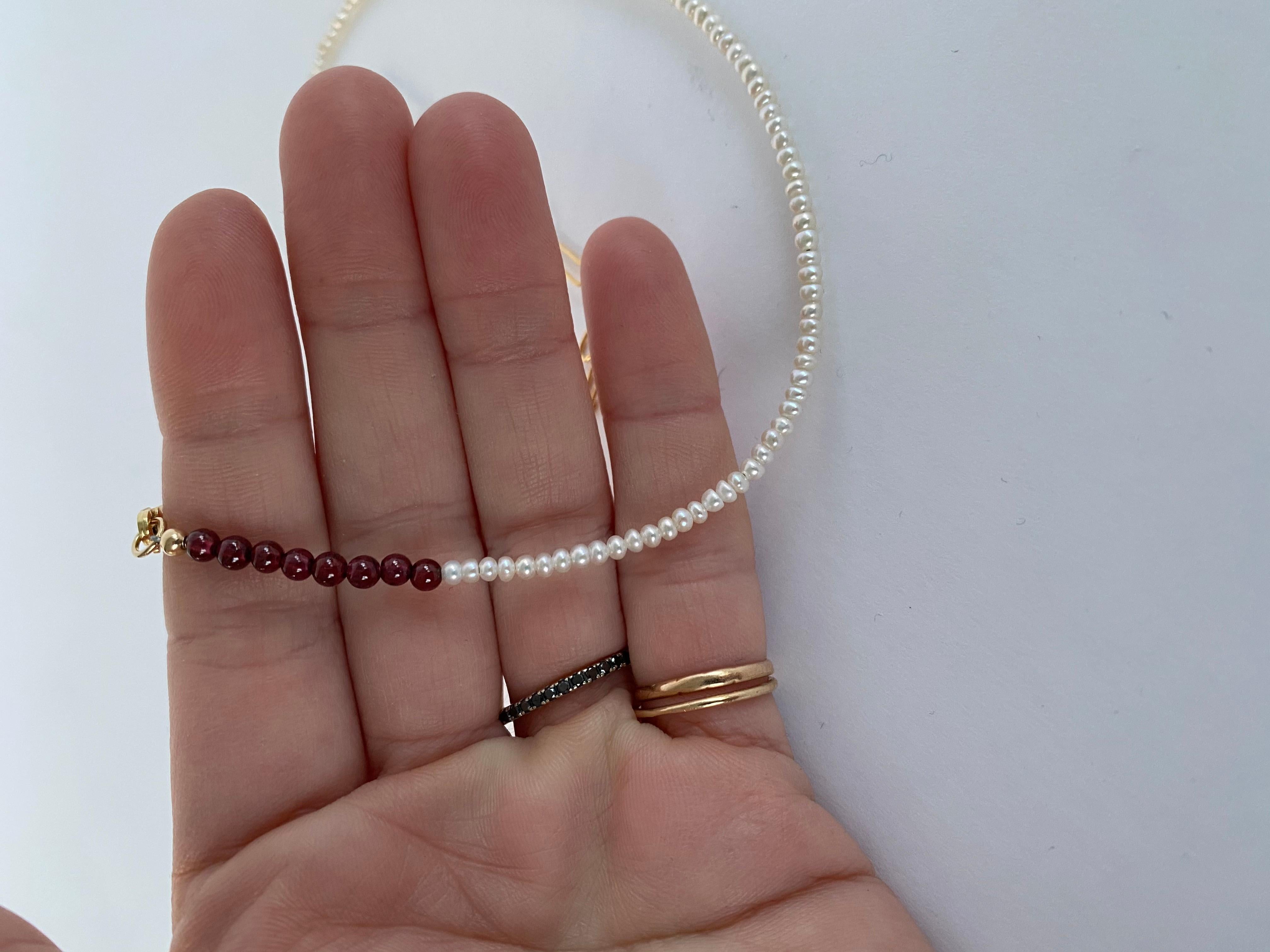 White Pearl Red Garnet Choker Bead Necklace Gold Filled Chain 20