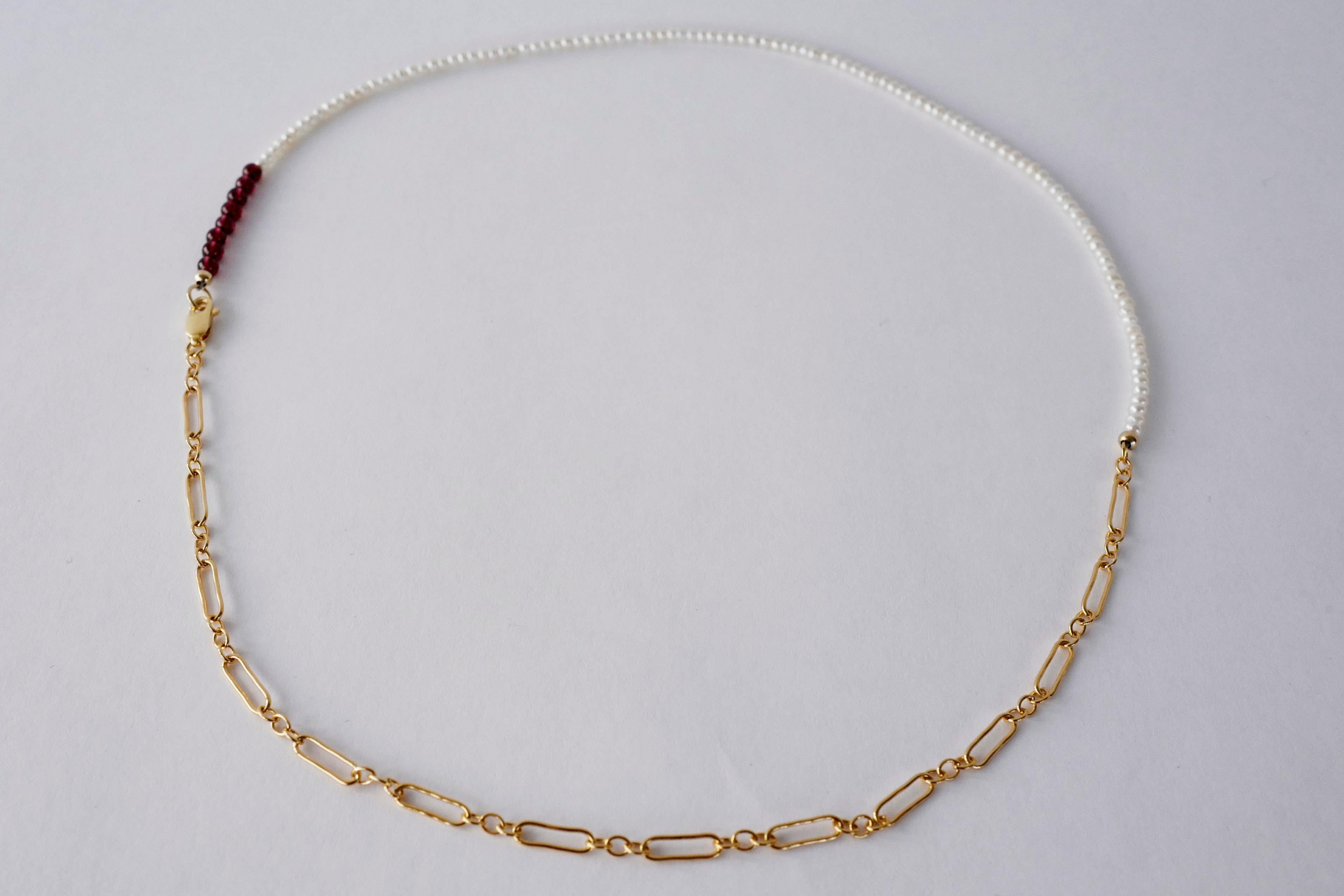 Choker-Perlenkette in Weiß, weiße Perle, roter Granat, Gold, gefüllte Kette, 20