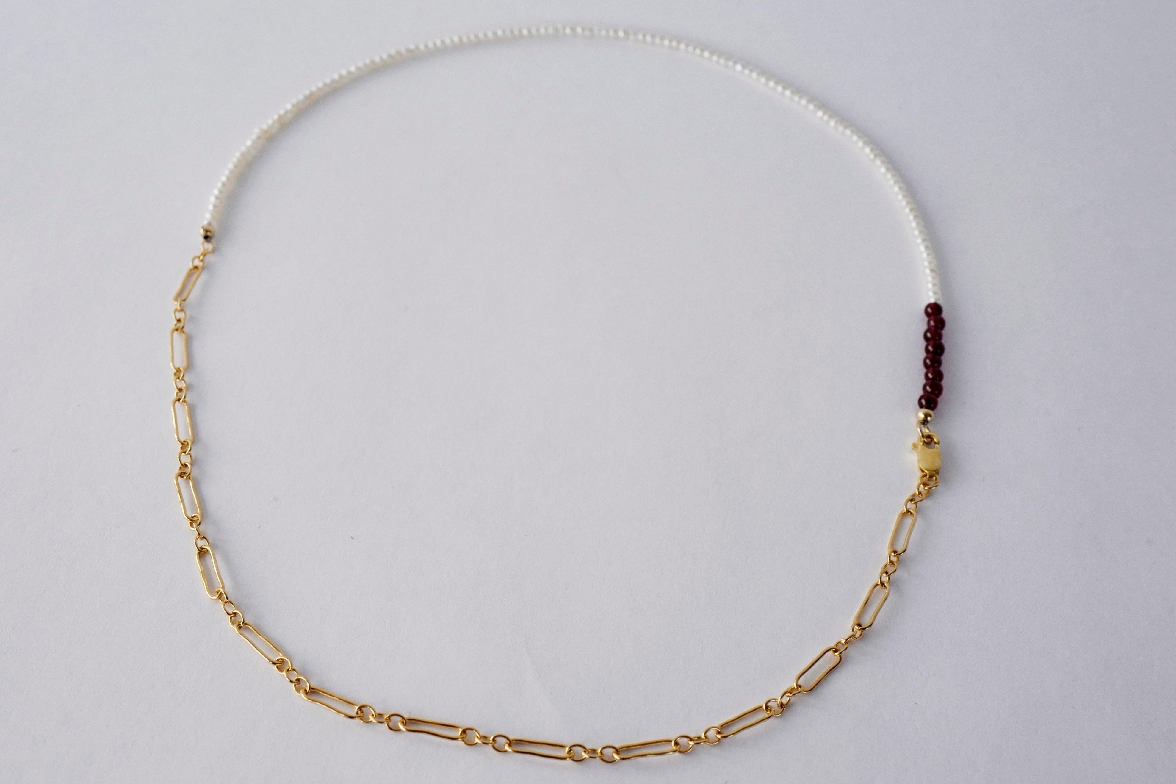 Choker-Perlenkette in Weiß, weiße Perle, roter Granat, Gold, gefüllte Kette, 20