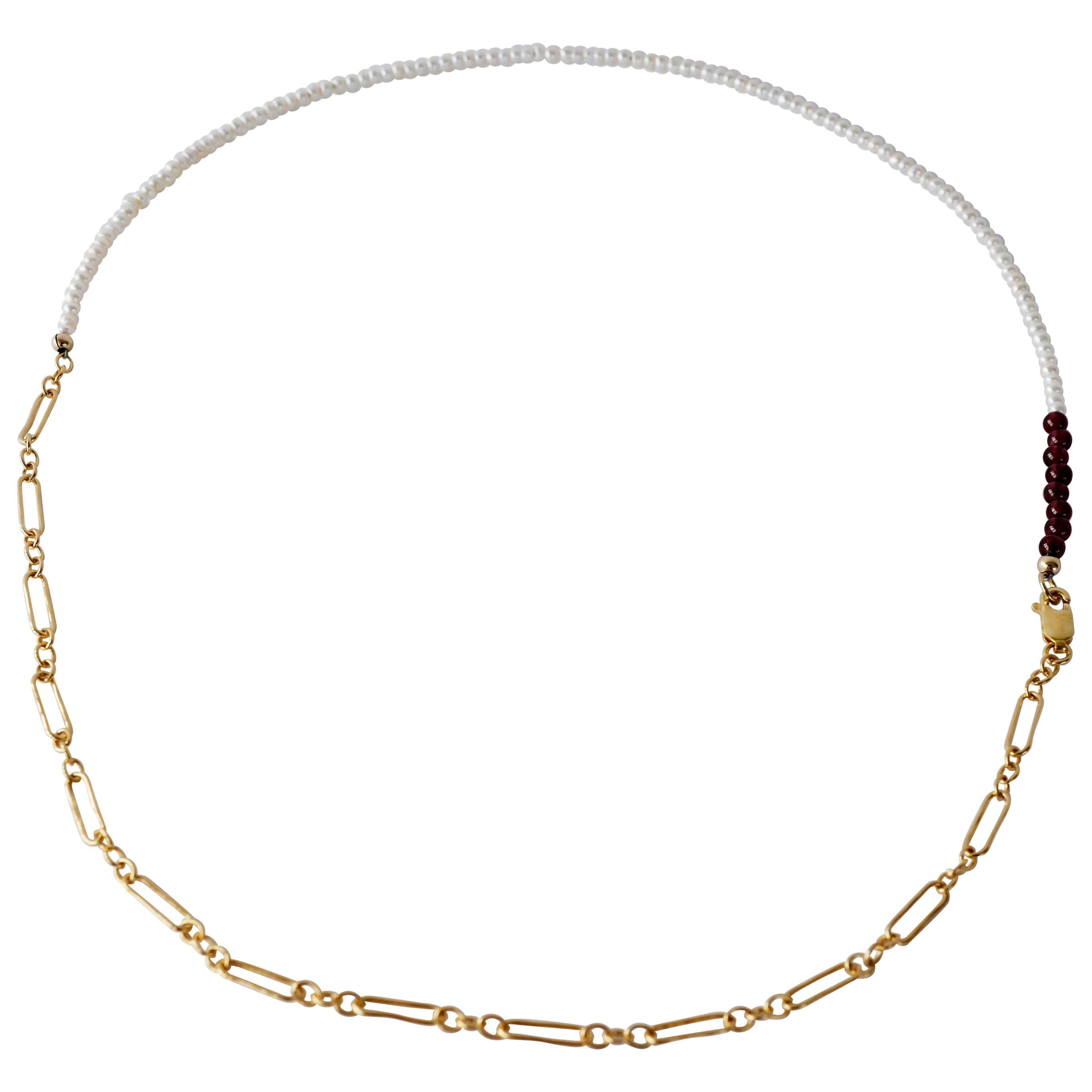 White Pearl Red Garnet Choker Bead Necklace Gold Filled Chain 20" J Dauphin For Sale
