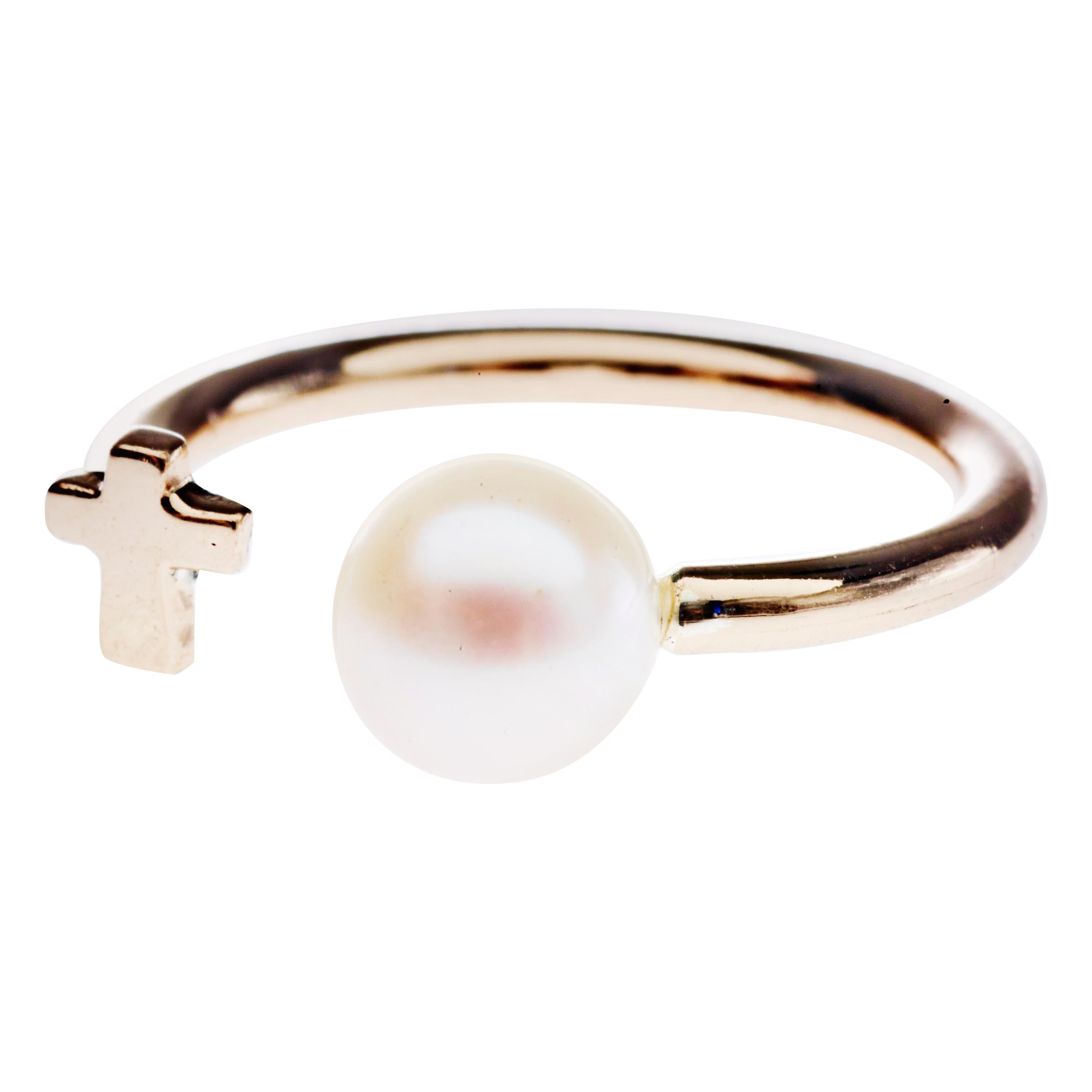 White Pearl Ring Cross Adjustable Cocktail Ring 14 Karat Gold J Dauphin For Sale